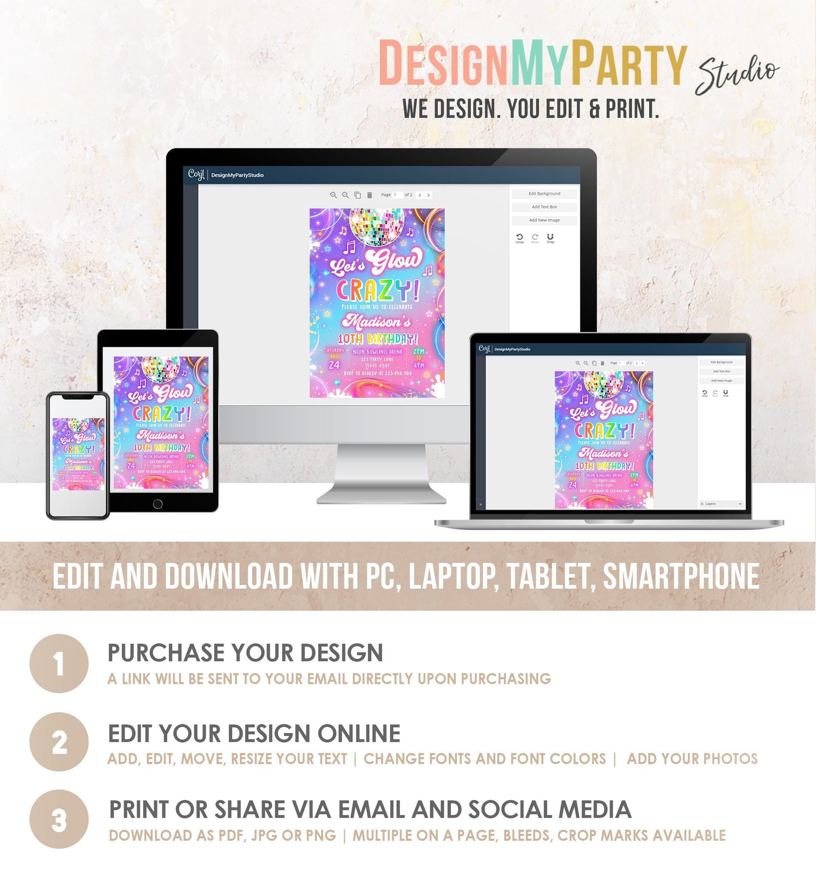 Editable Let's Glow Crazy Birthday Invitation Neon Glow Disco Party Girl Retro Groovy Digital Download Evite Template Printable 0568