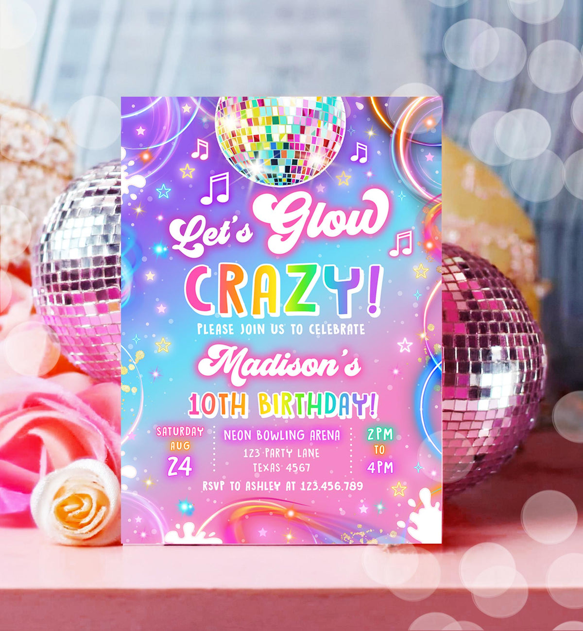 Editable Let's Glow Crazy Birthday Invitation Neon Glow Disco Party Girl Retro Groovy Digital Download Evite Template Printable 0568