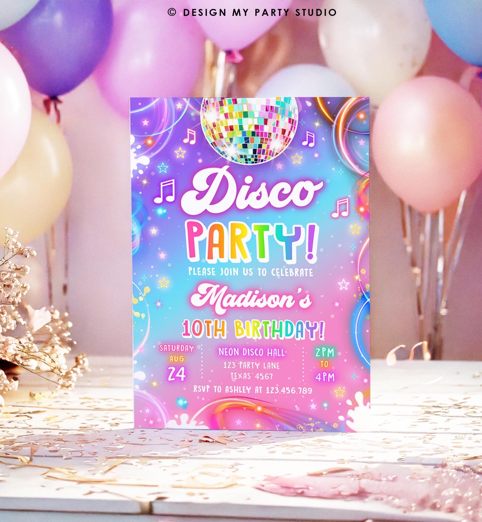 Editable Disco Party Birthday Invitation Neon Glow Let's Glow Crazy Girl Retro Groovy Digital Download Evite Template Printable 0568