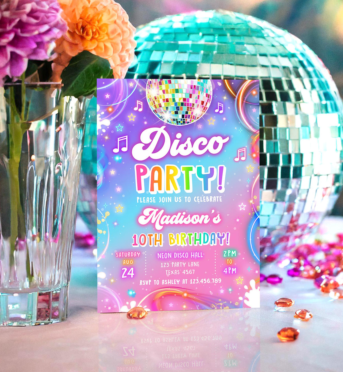 Editable Disco Party Birthday Invitation Neon Glow Let's Glow Crazy Girl Retro Groovy Digital Download Evite Template Printable 0568