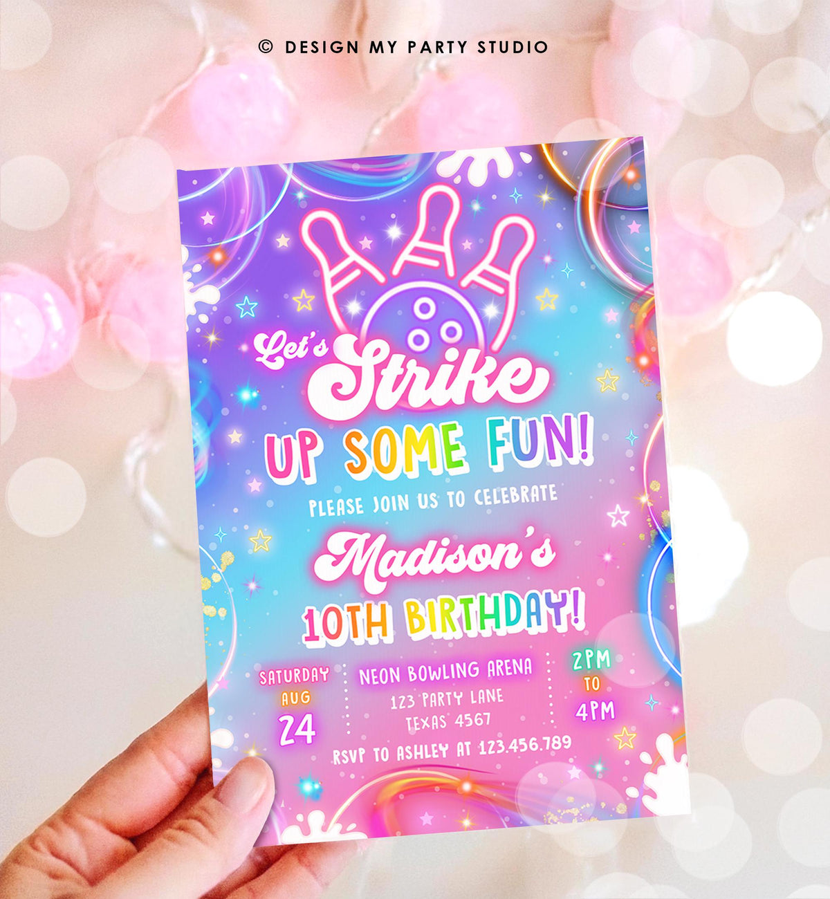 Editable Bowling Birthday Invitation Strike Up Some Fun Girl Bowling Party Pink Purple Neon Glow Download Evite Template Printable 0568