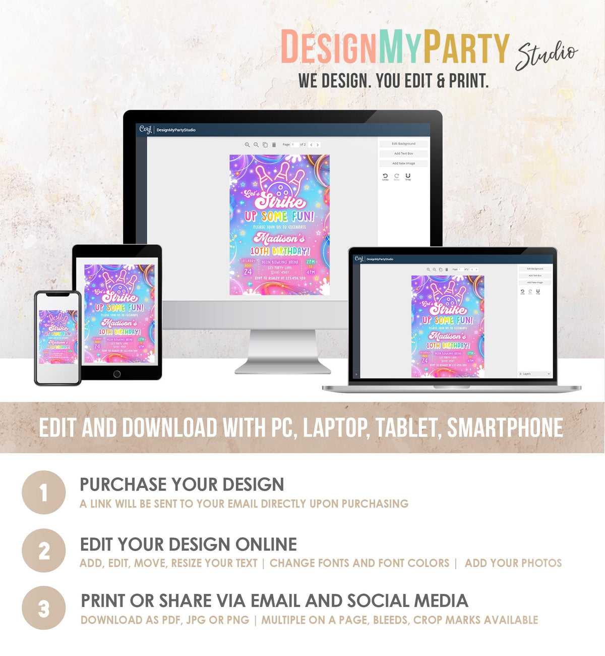 Editable Bowling Birthday Invitation Strike Up Some Fun Girl Bowling Party Pink Purple Neon Glow Download Evite Template Printable 0568