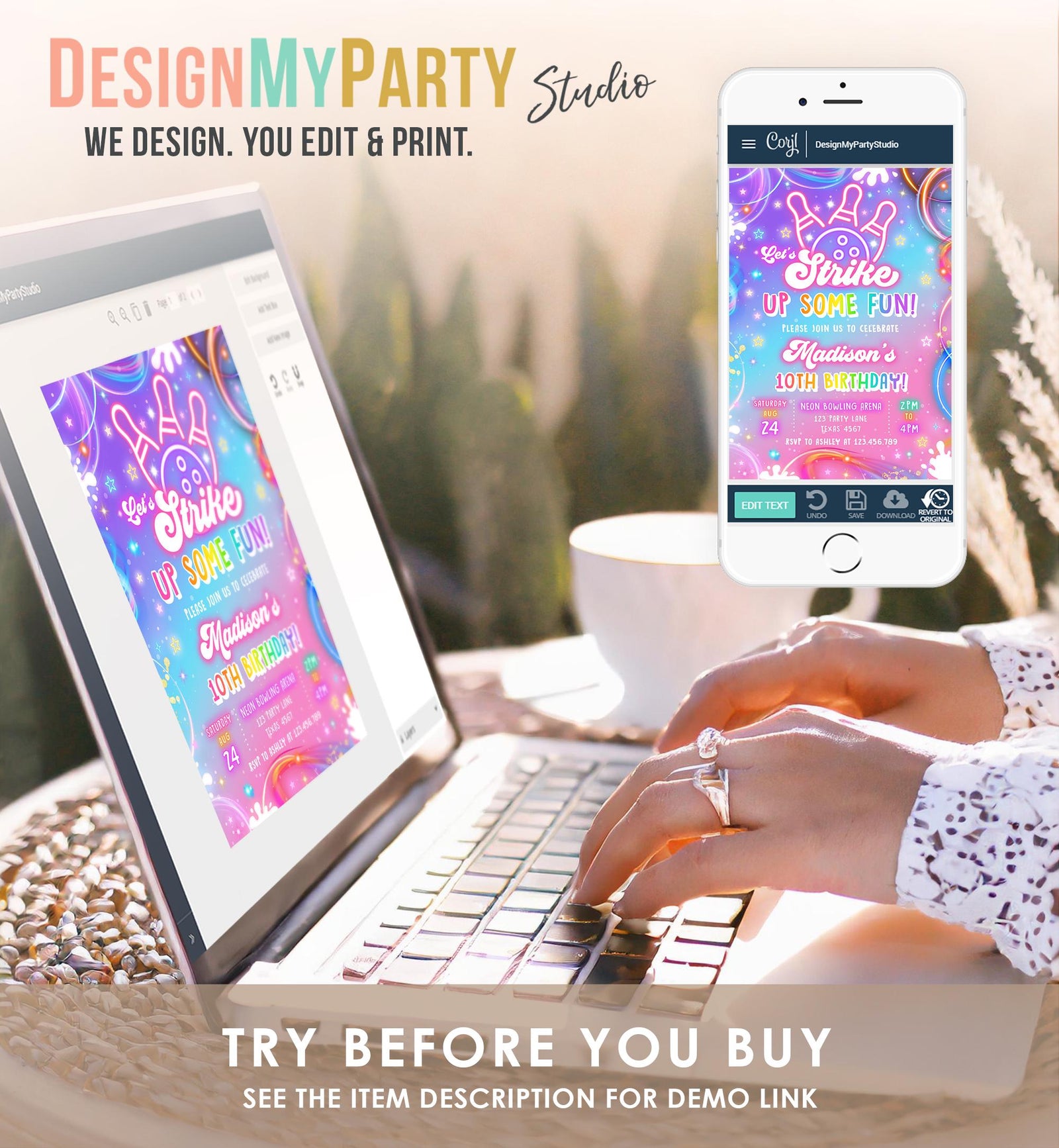 Editable Bowling Birthday Invitation Strike Up Some Fun Girl Bowling Party Pink Purple Neon Glow Download Evite Template Printable 0568