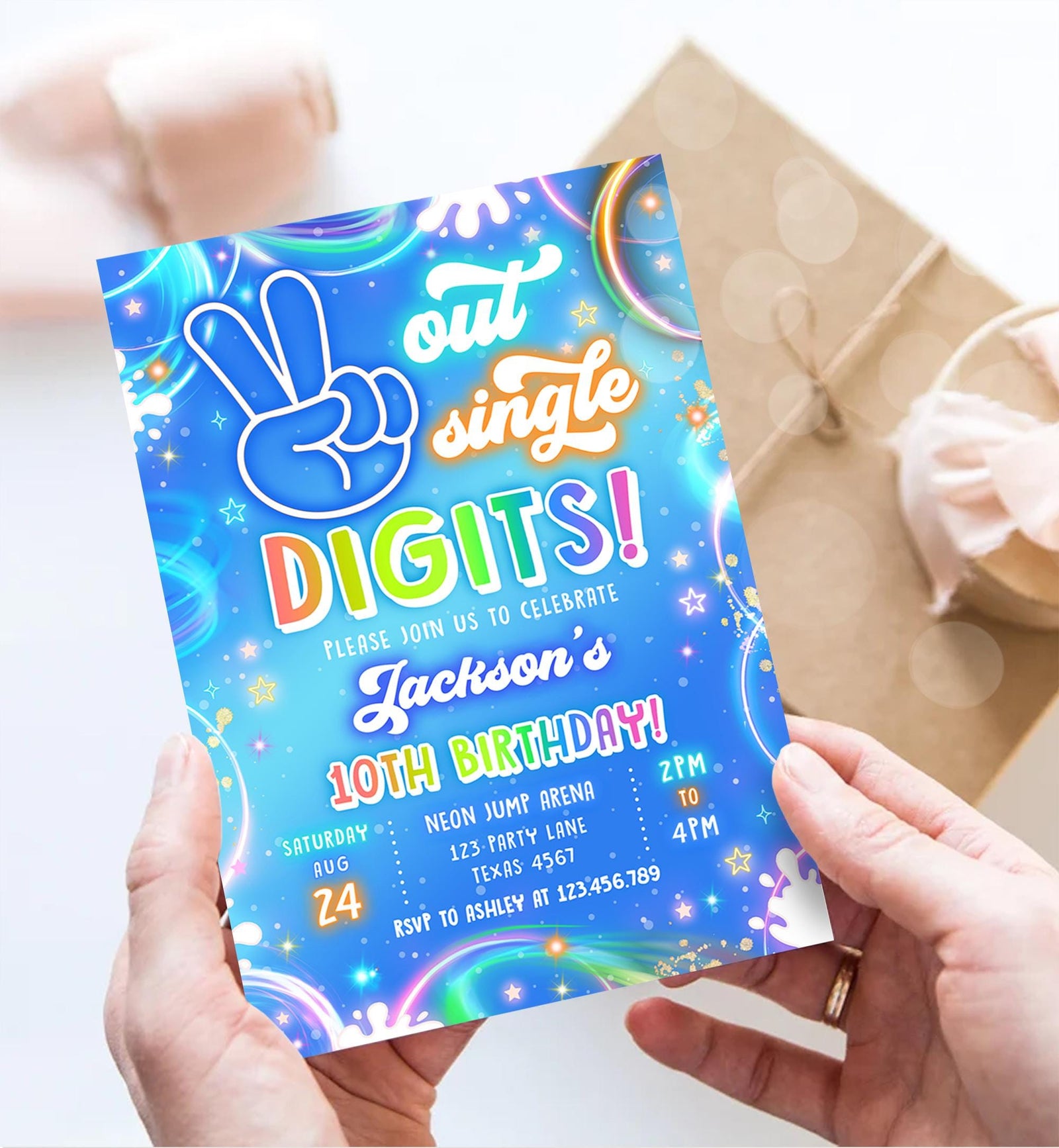 Editable Peace Out Single Digits Birthday Invitation Neon Glow Disco Boy 10th Birthday Party Digital Download Evite Template Printable 0568