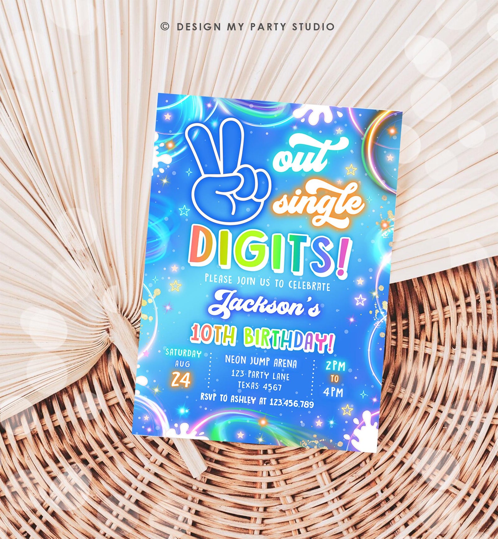 Editable Peace Out Single Digits Birthday Invitation Neon Glow Disco Boy 10th Birthday Party Digital Download Evite Template Printable 0568