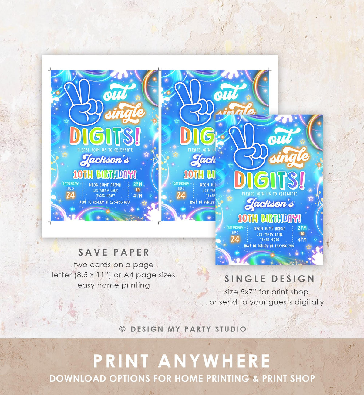 Editable Peace Out Single Digits Birthday Invitation Neon Glow Disco Boy 10th Birthday Party Digital Download Evite Template Printable 0568