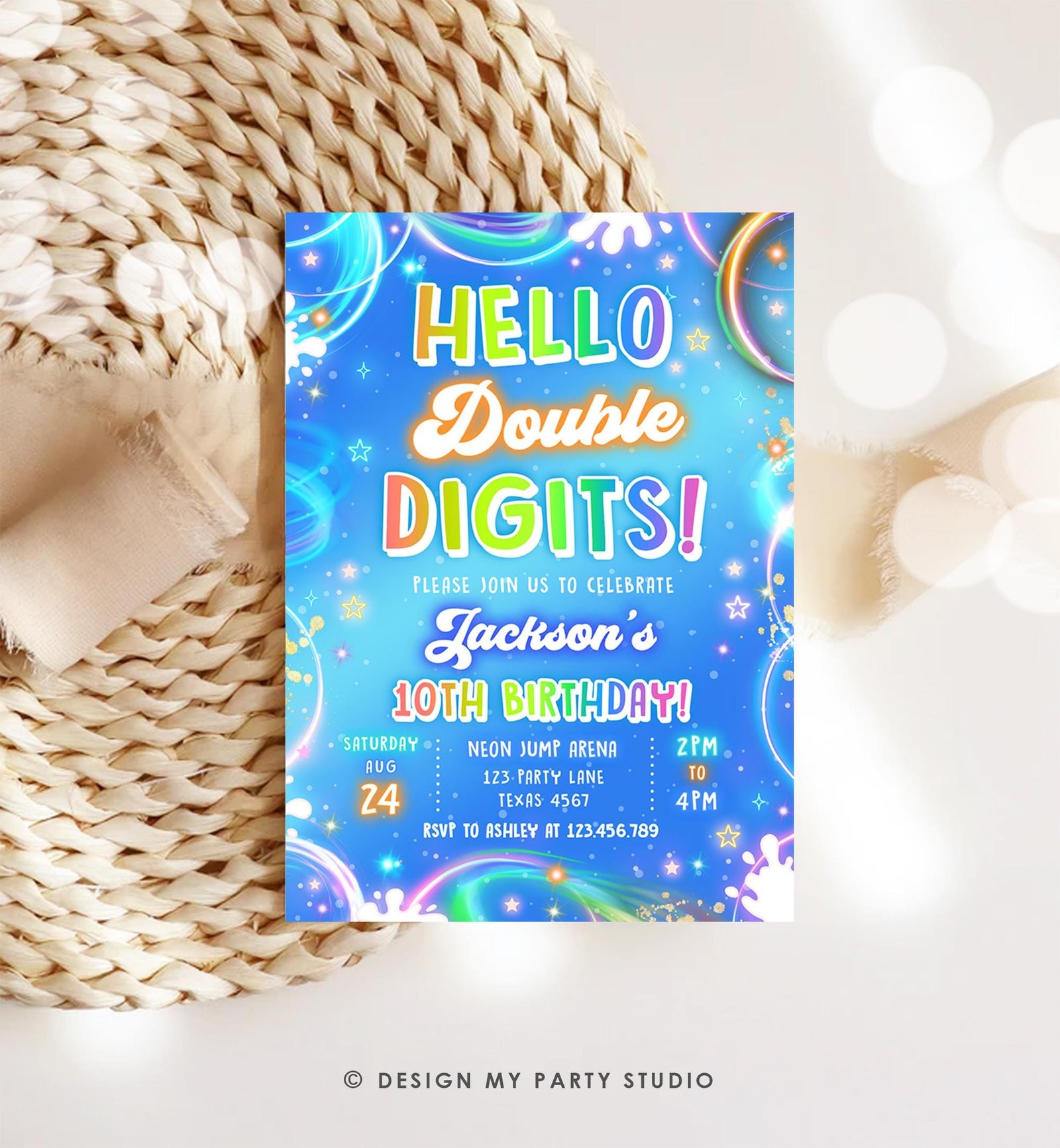 Editable Hello Double Digits Birthday Invitation Neon Glow Disco Boy 10th Birthday Party Digital Download Evite Template Printable 0568