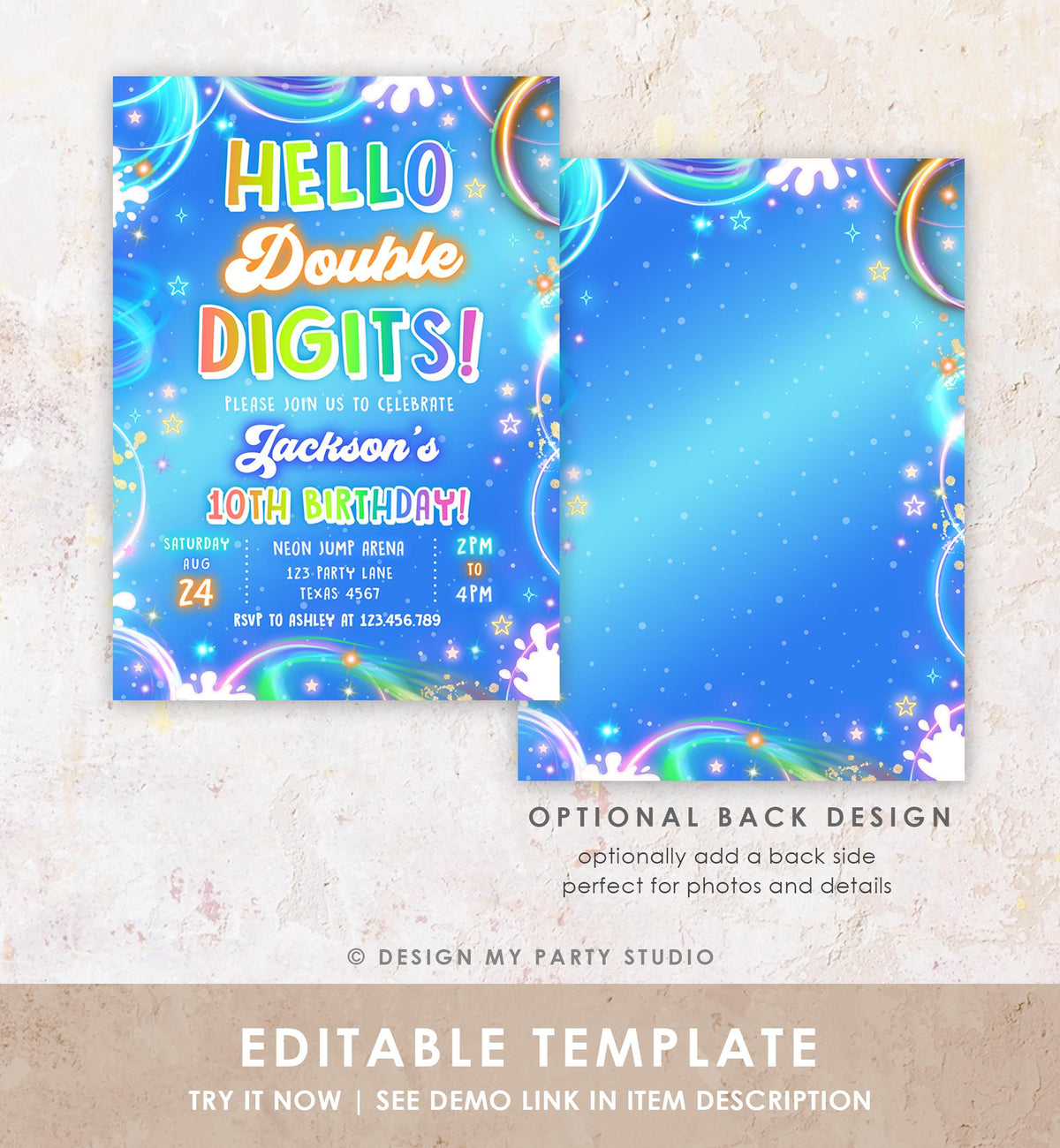 Editable Hello Double Digits Birthday Invitation Neon Glow Disco Boy 10th Birthday Party Digital Download Evite Template Printable 0568