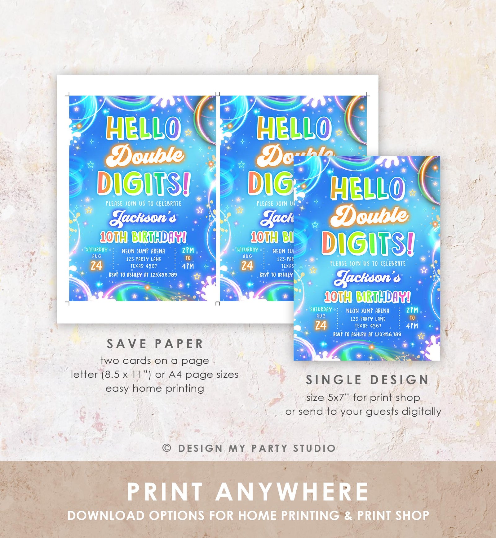 Editable Hello Double Digits Birthday Invitation Neon Glow Disco Boy 10th Birthday Party Digital Download Evite Template Printable 0568