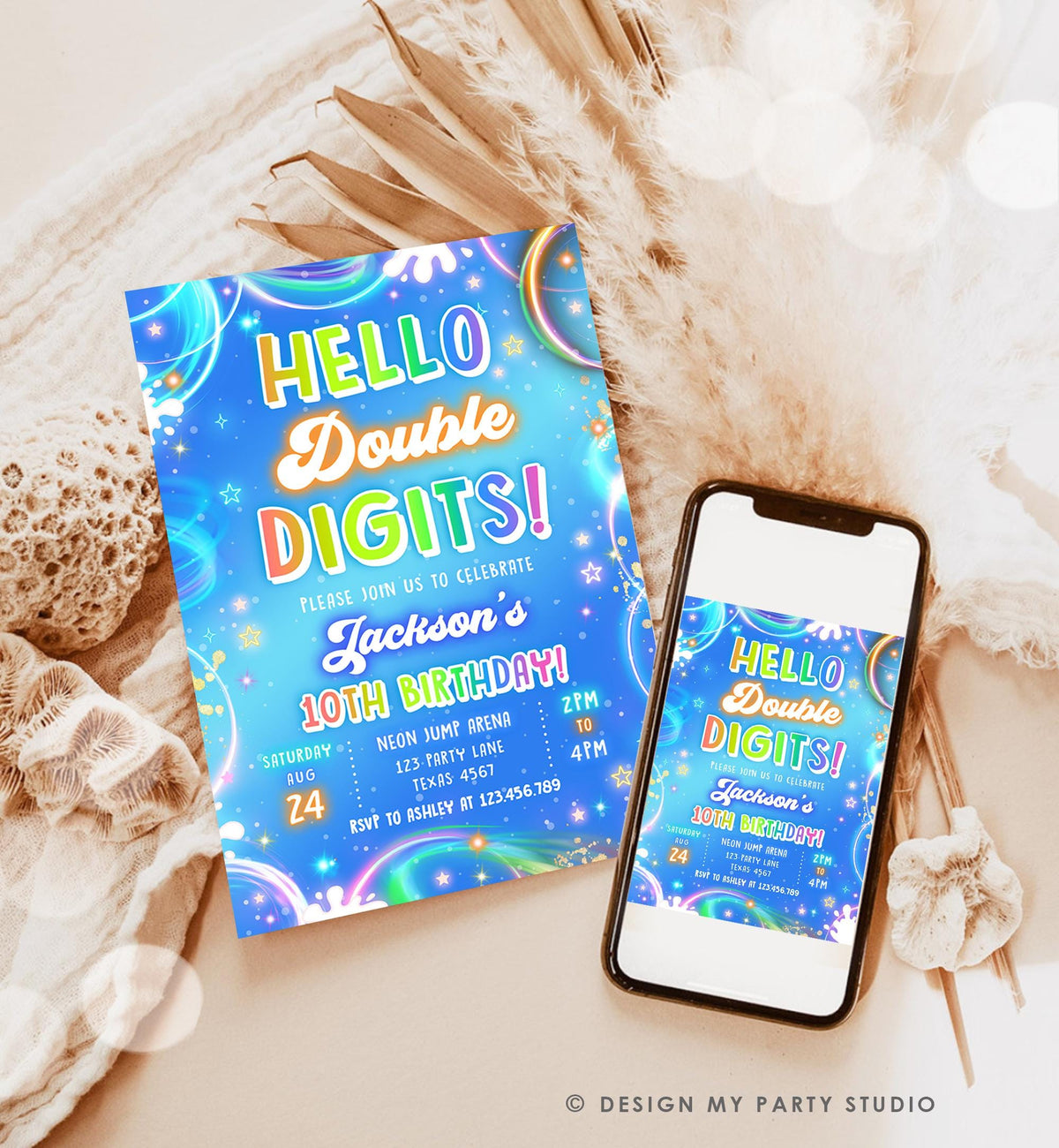 Editable Hello Double Digits Birthday Invitation Neon Glow Disco Boy 10th Birthday Party Digital Download Evite Template Printable 0568