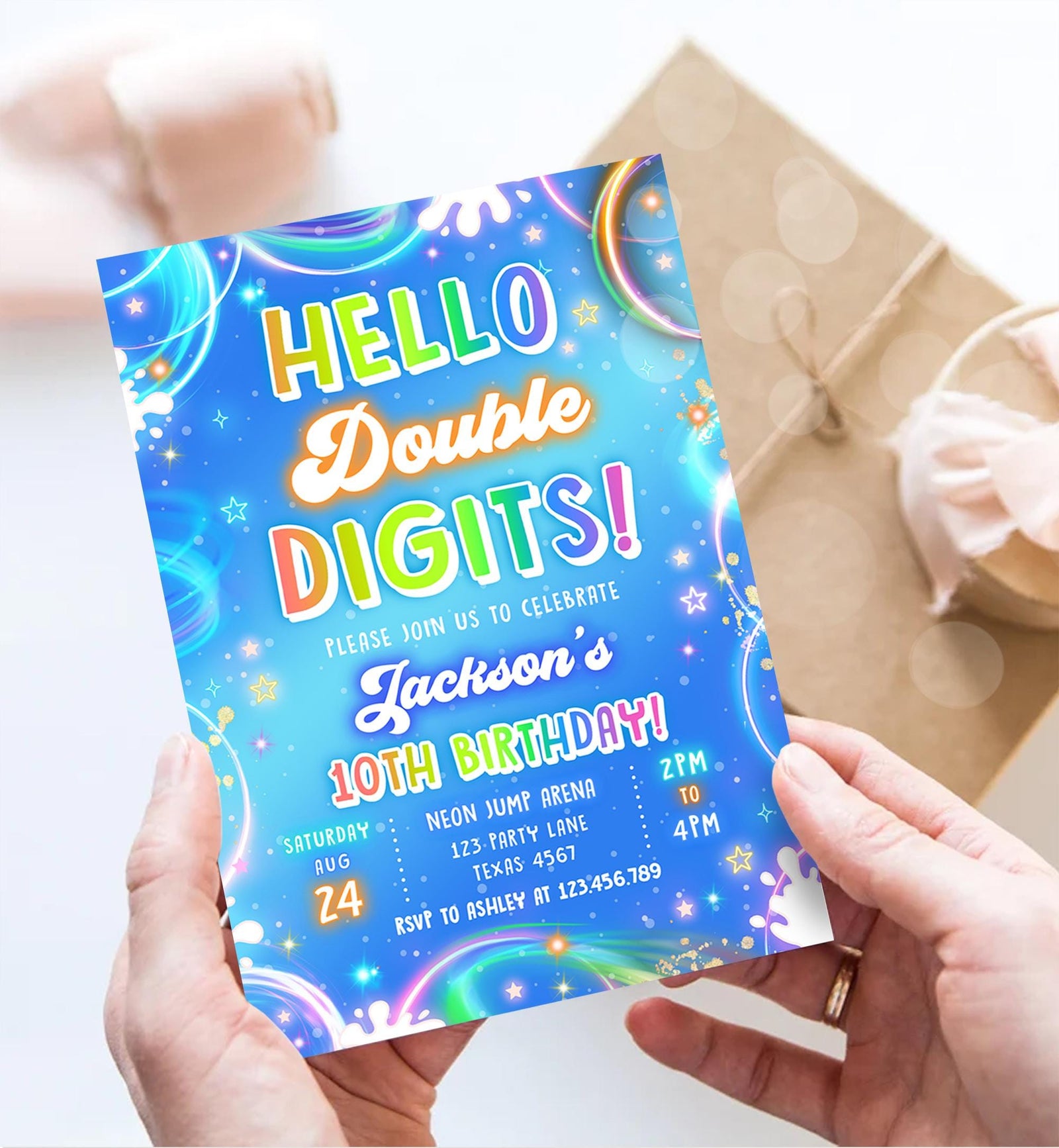 Editable Hello Double Digits Birthday Invitation Neon Glow Disco Boy 10th Birthday Party Digital Download Evite Template Printable 0568