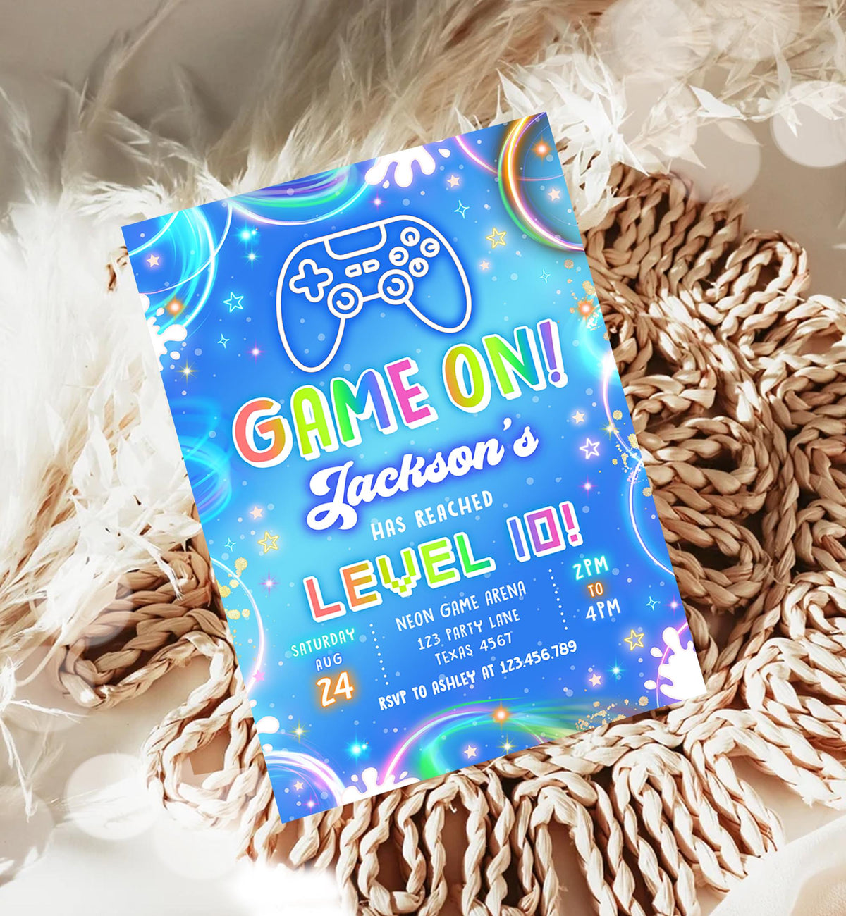 Editable Game On Birthday Invitation Video Game Gamer Level Up Neon Glow Boy Epic Play Party Fun Digital Evite Template Printable 0568