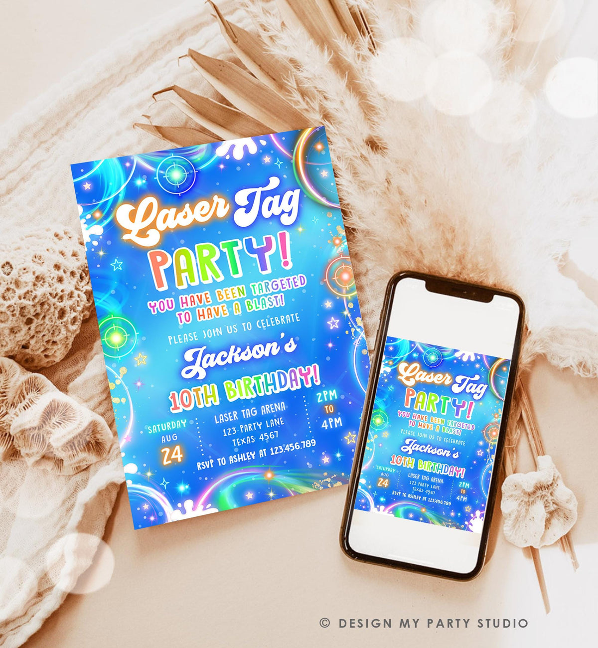 Editable Laser Tag Birthday Invitation Boy Game Gamer Level Up Neon Glow Blue Epic Play Party Fun Digital Evite Template Printable 0568