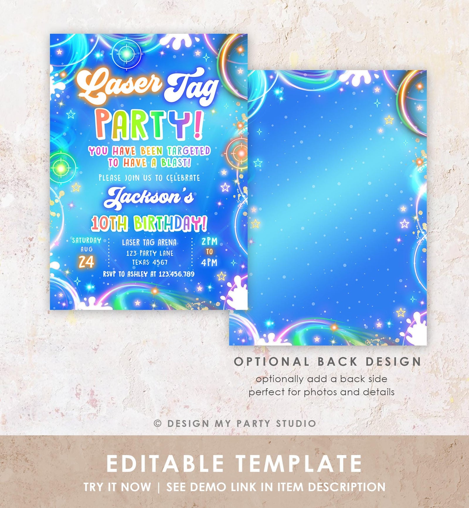 Editable Laser Tag Birthday Invitation Boy Game Gamer Level Up Neon Glow Blue Epic Play Party Fun Digital Evite Template Printable 0568
