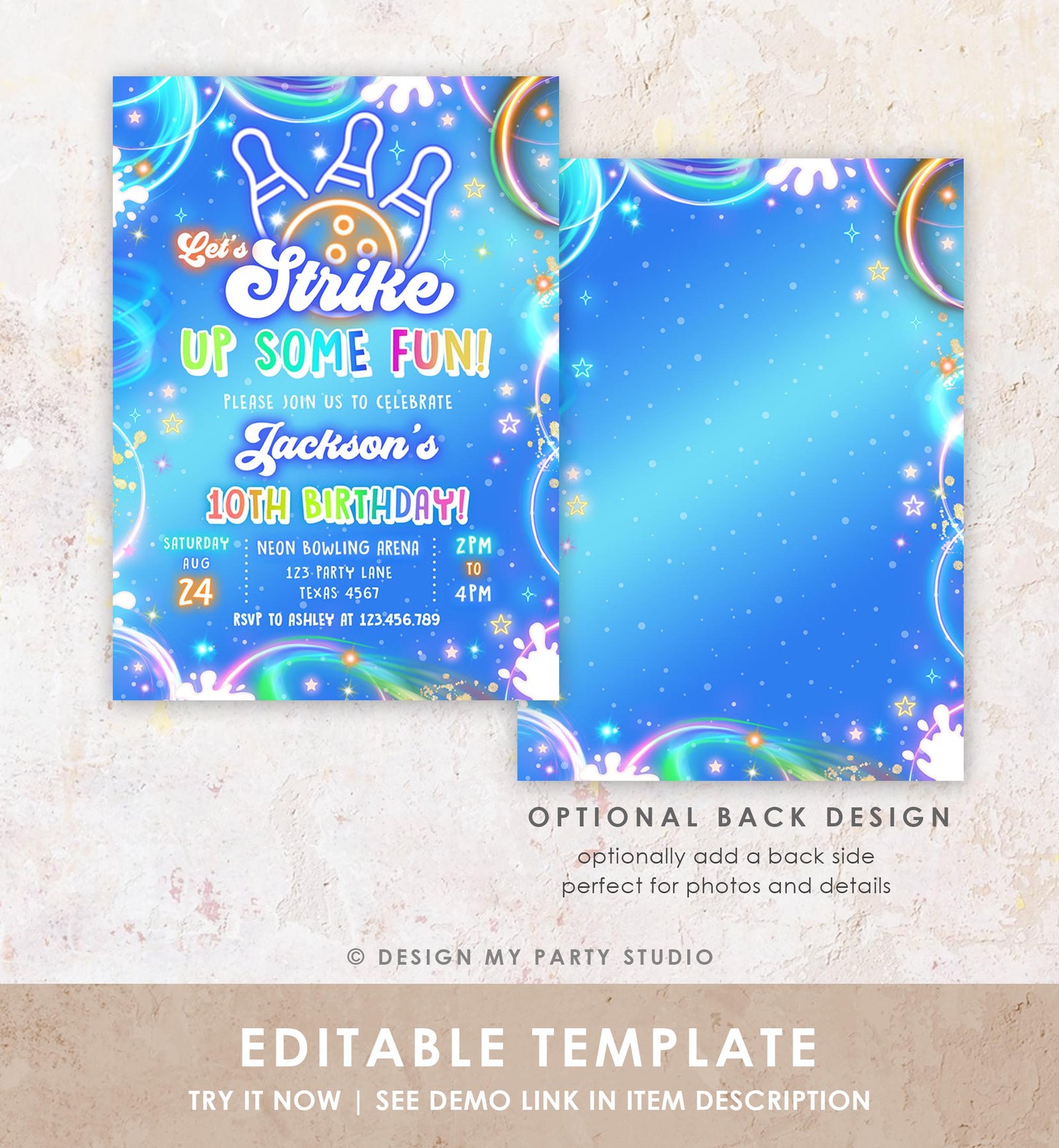 Editable Bowling Birthday Invitation Strike Up Some Fun Boy Bowling Party Blue Orange Neon Glow Download Evite Template Printable 0568