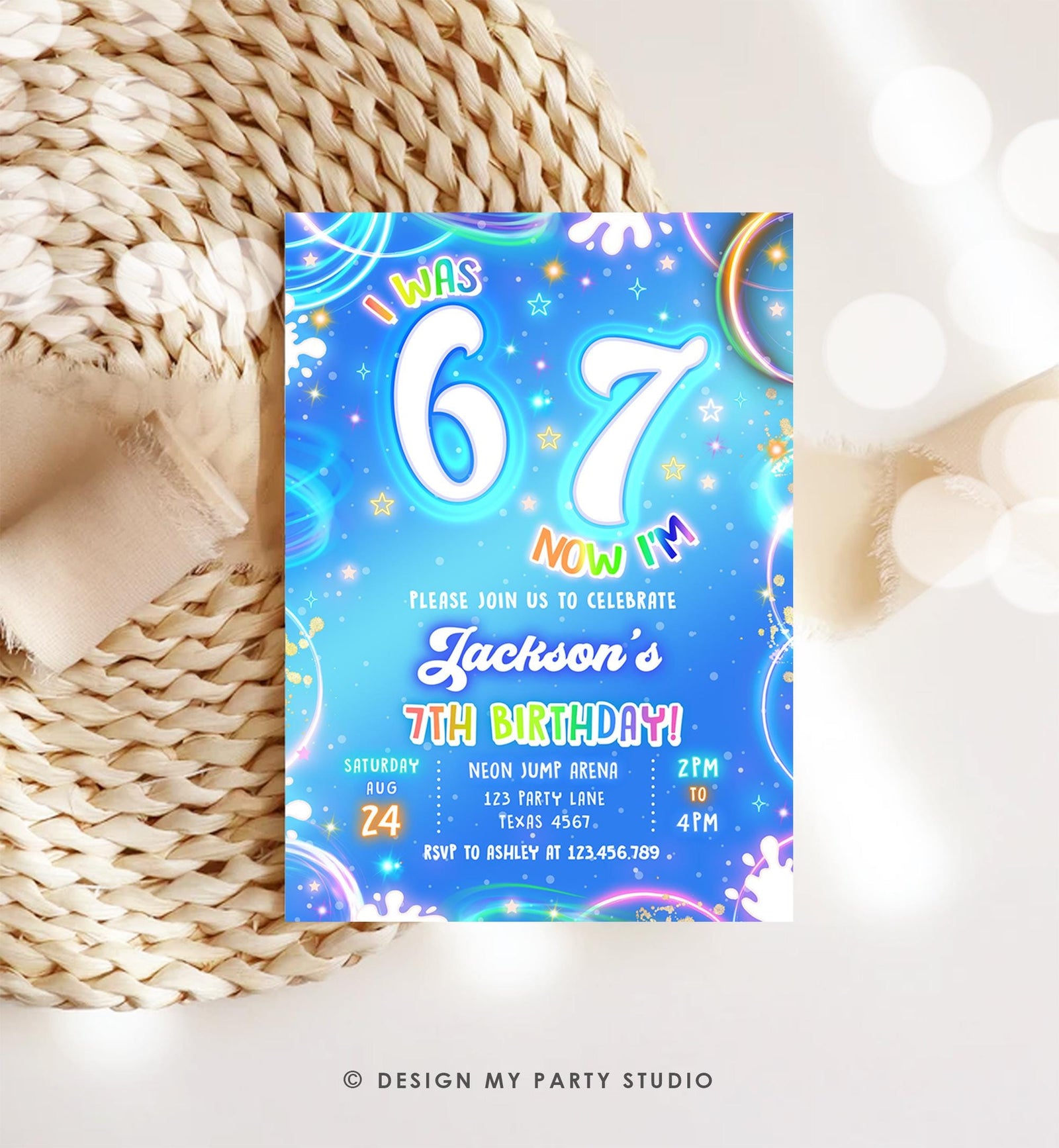 Editable 6 7 Birthday Invitation Boy 7th Retro Groovy Vibe Six Seven Neon Glow Blue Party Digital Evite Template Printable 0568