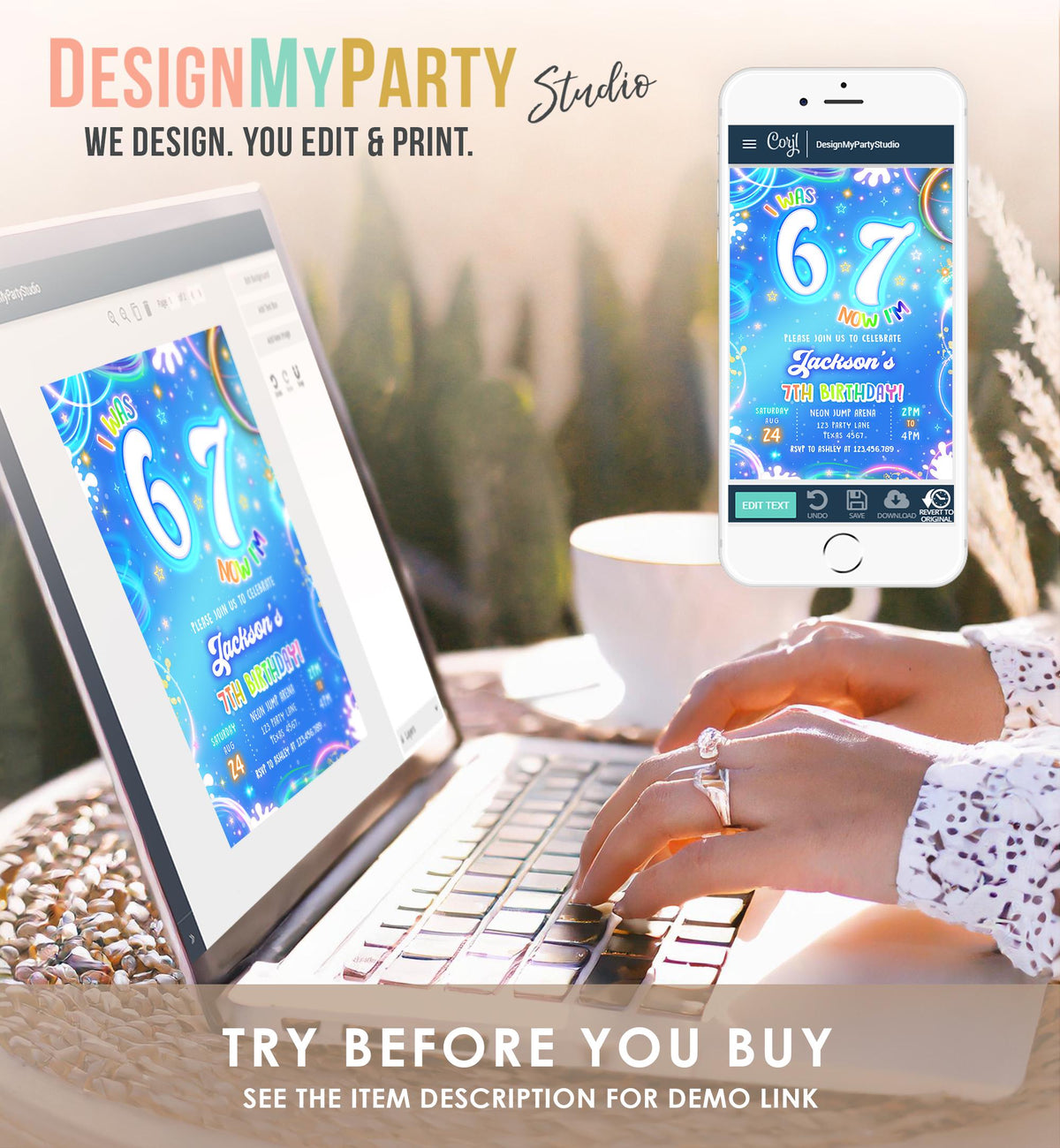 Editable 6 7 Birthday Invitation Boy 7th Retro Groovy Vibe Six Seven Neon Glow Blue Party Digital Evite Template Printable 0568