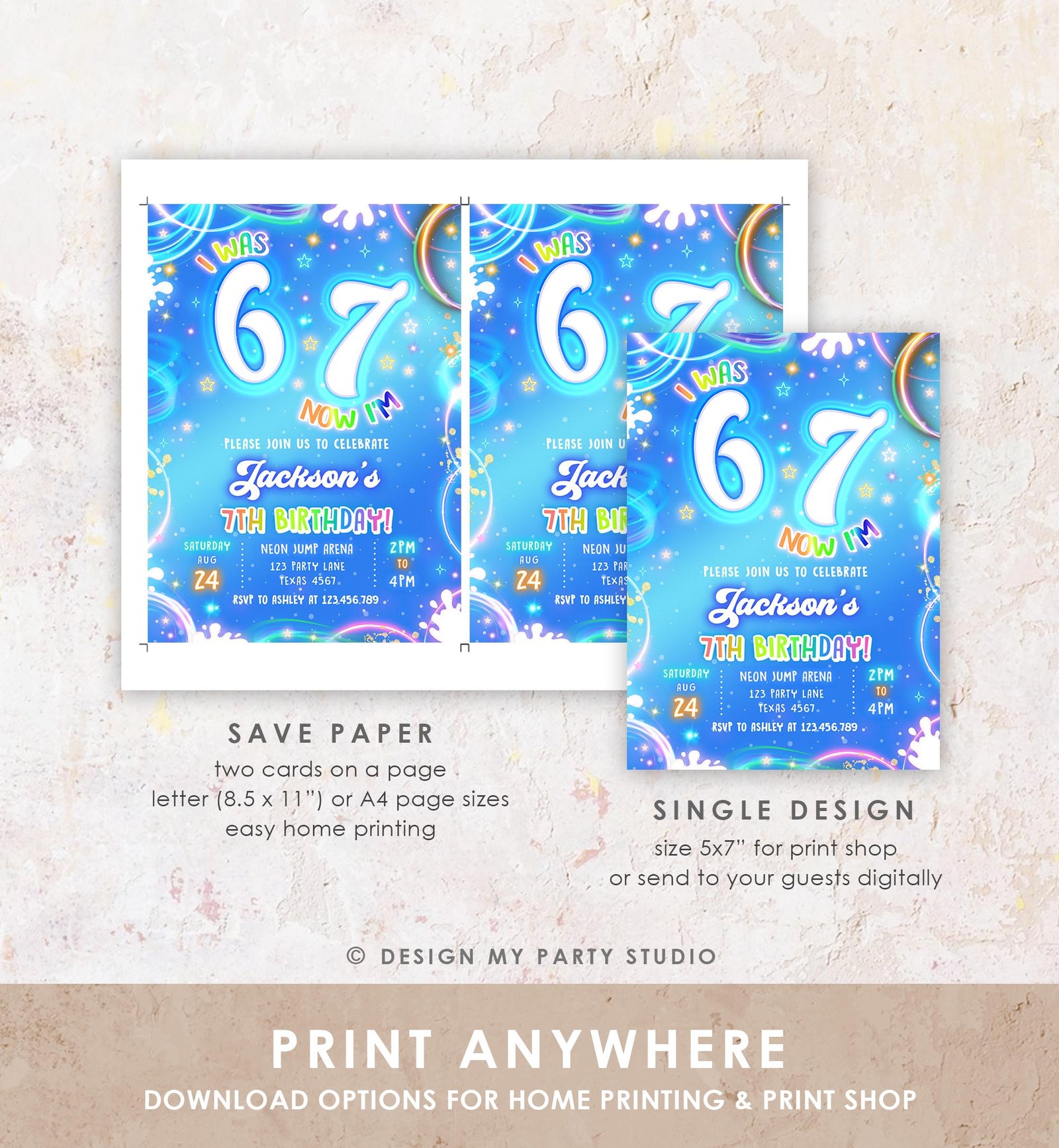 Editable 6 7 Birthday Invitation Boy 7th Retro Groovy Vibe Six Seven Neon Glow Blue Party Digital Evite Template Printable 0568