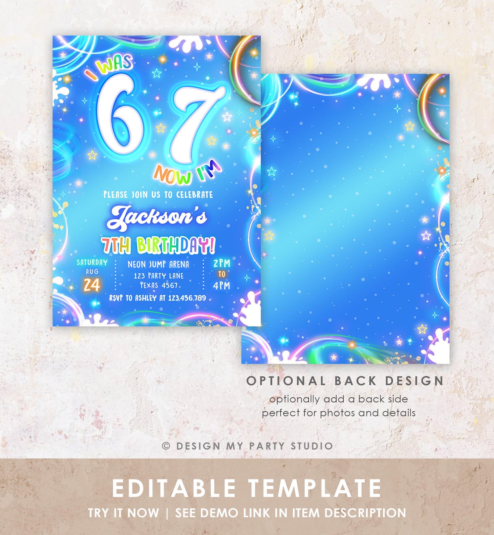Editable 6 7 Birthday Invitation Boy 7th Retro Groovy Vibe Six Seven Neon Glow Blue Party Digital Evite Template Printable 0568