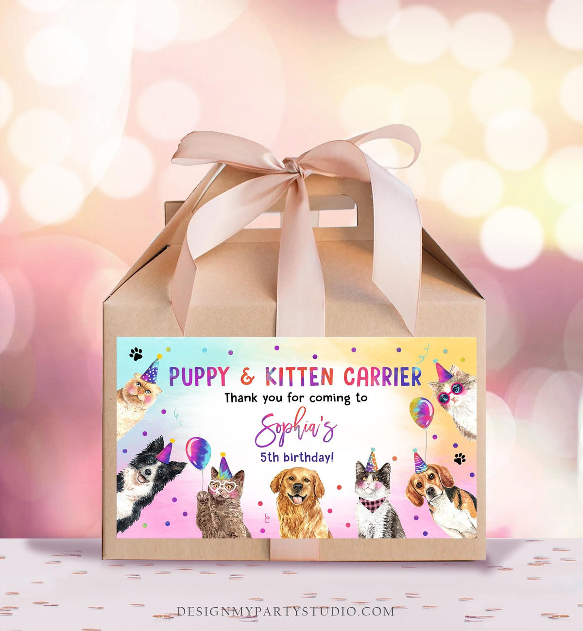 Editable Puppy Kitten Carrier Box Favor Label Cats Dogs Birthday Box Adopt a Puppy Kitten Pet Party Animals Digital Template Printable 0460