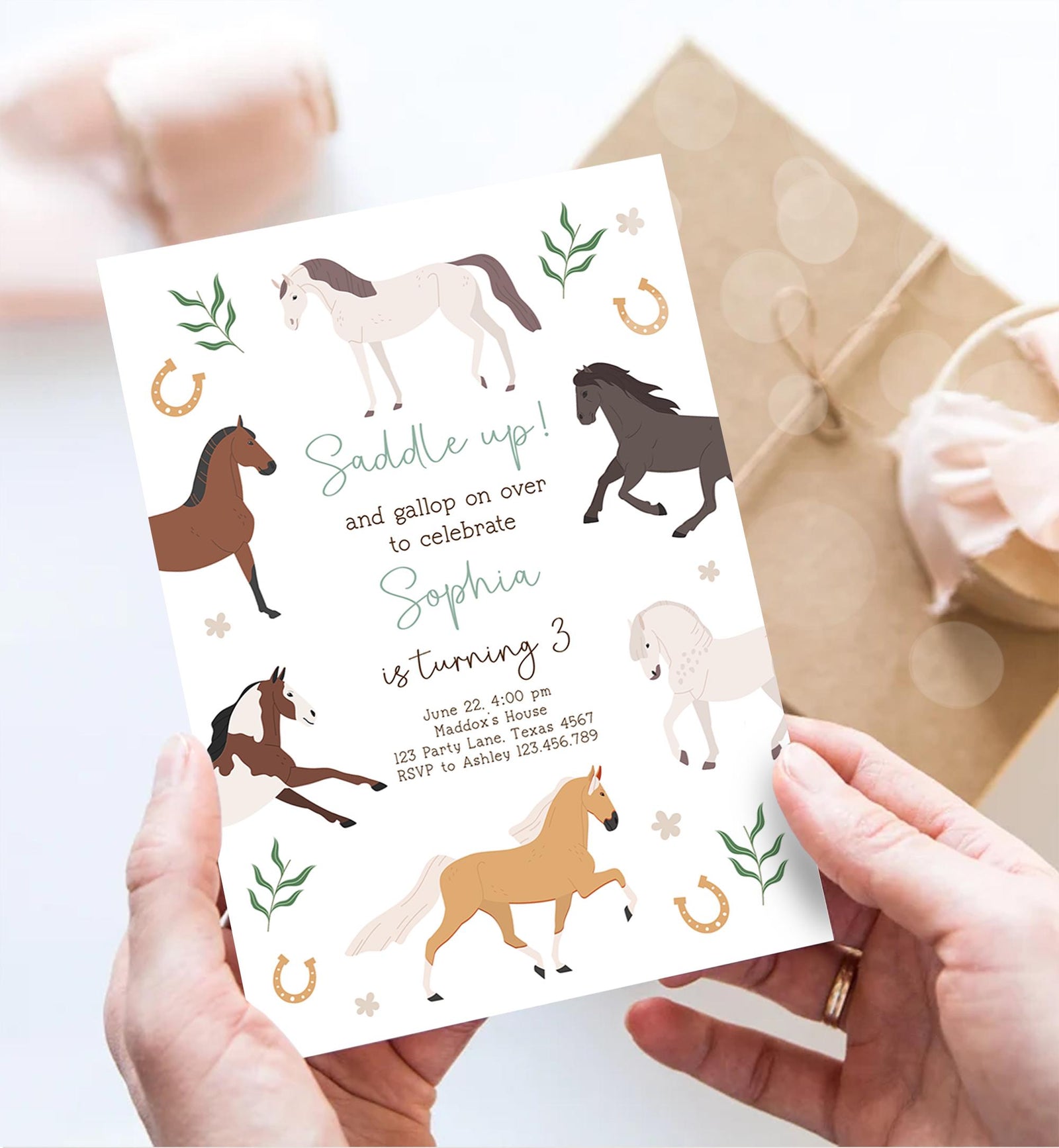 Editable Horse Birthday Invitation Boy Girl Saddle Up Cowgirl Cowboy Horse Party Green Pony Floral Digital Evite Template Printable 0513