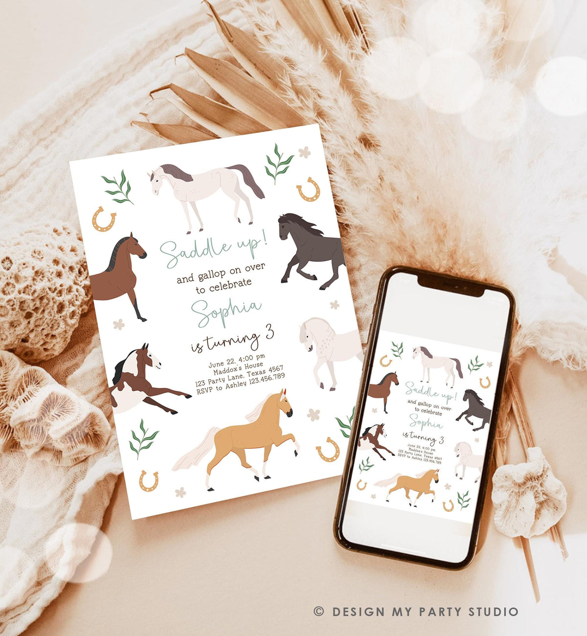Editable Horse Birthday Invitation Boy Girl Saddle Up Cowgirl Cowboy Horse Party Green Pony Floral Digital Evite Template Printable 0513