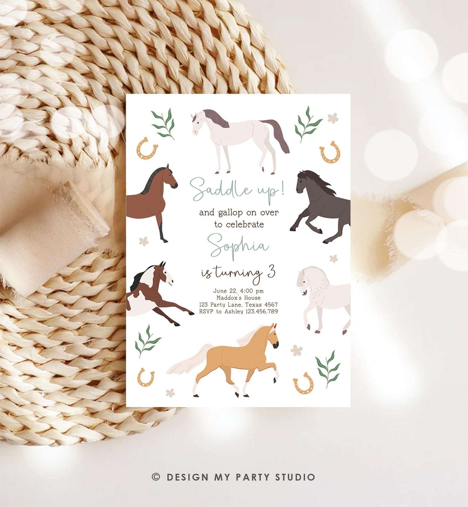 Editable Horse Birthday Invitation Boy Girl Saddle Up Cowgirl Cowboy Horse Party Green Pony Floral Digital Evite Template Printable 0513