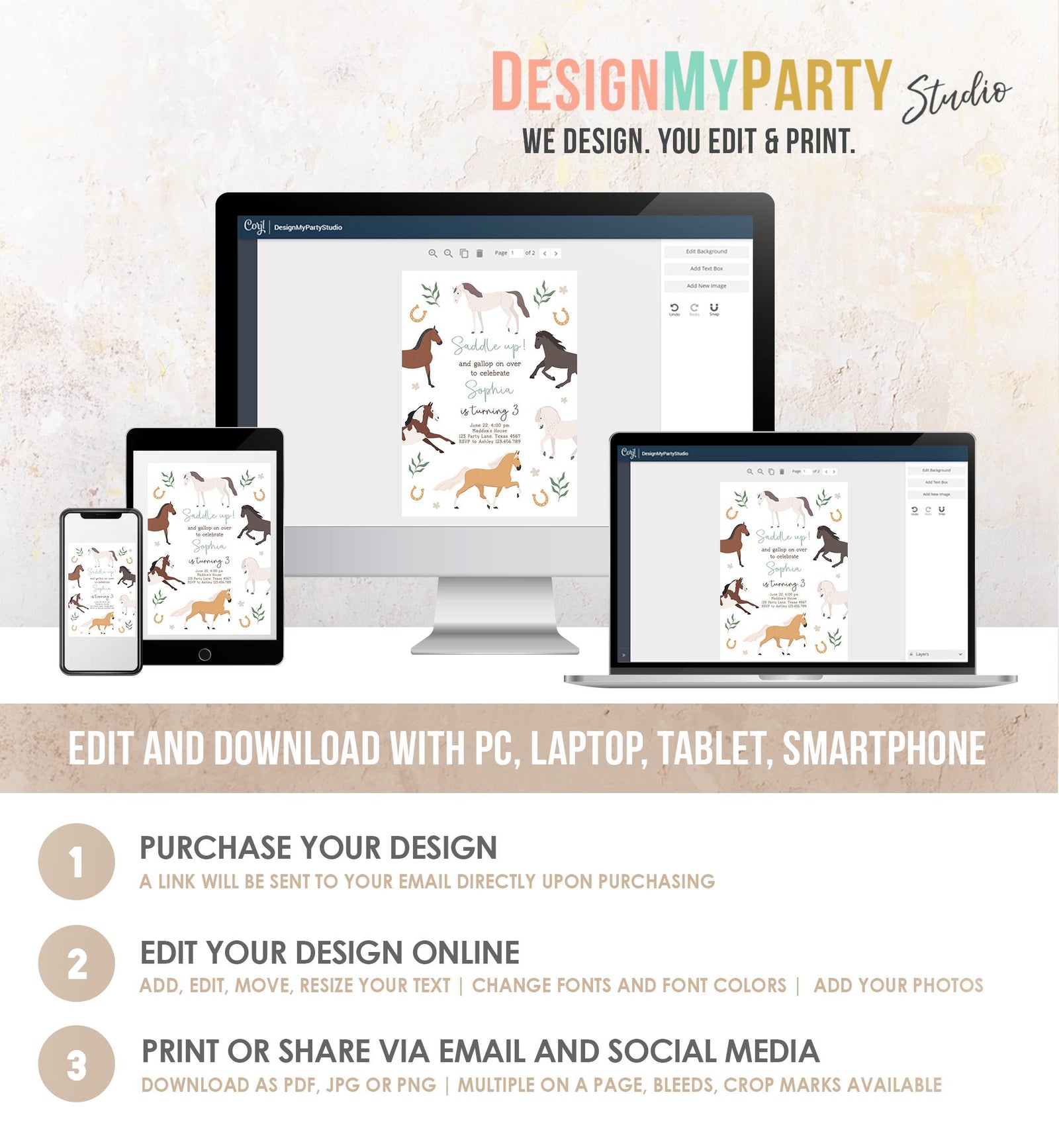 Editable Horse Birthday Invitation Boy Girl Saddle Up Cowgirl Cowboy Horse Party Green Pony Floral Digital Evite Template Printable 0513