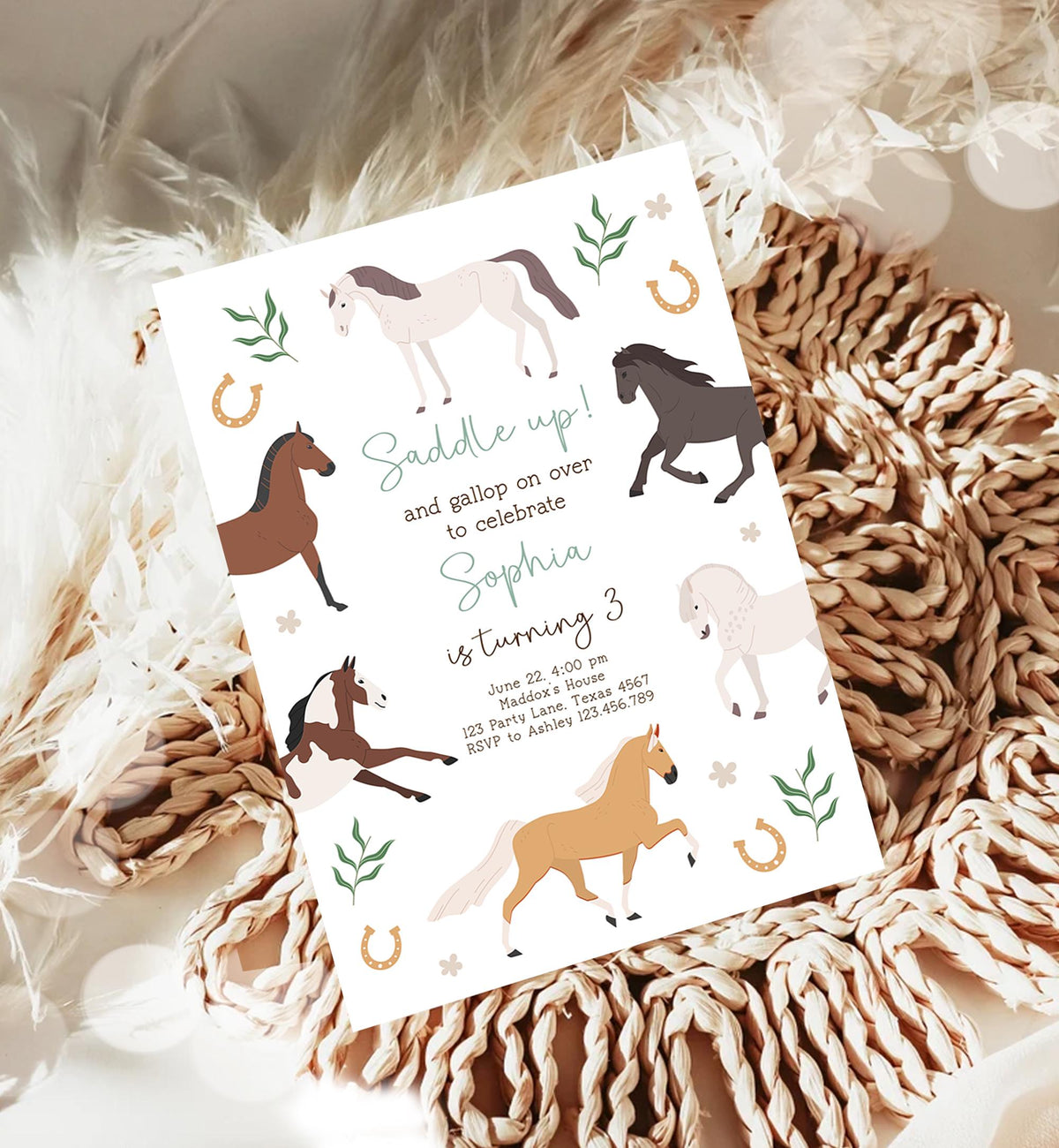 Editable Horse Birthday Invitation Boy Girl Saddle Up Cowgirl Cowboy Horse Party Green Pony Floral Digital Evite Template Printable 0513