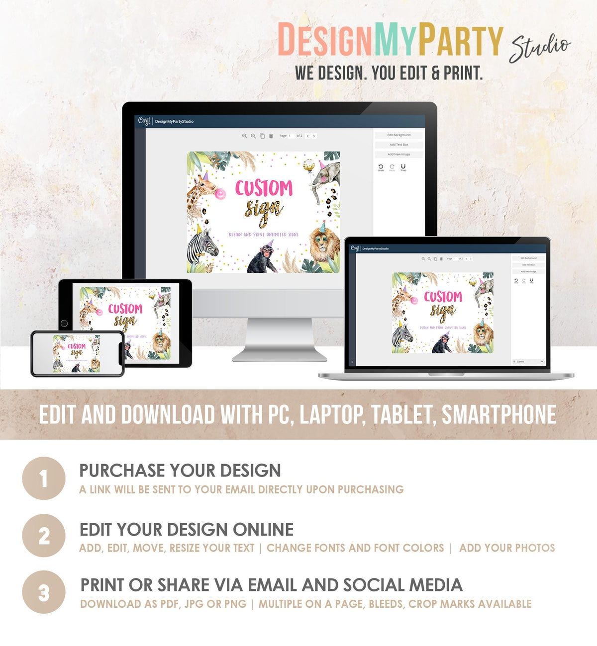 Editable Custom Sign Party Animals Sign Wild One Animals Decor Zoo Safari Animals Girl Table Decoration Download Template Printable 0417