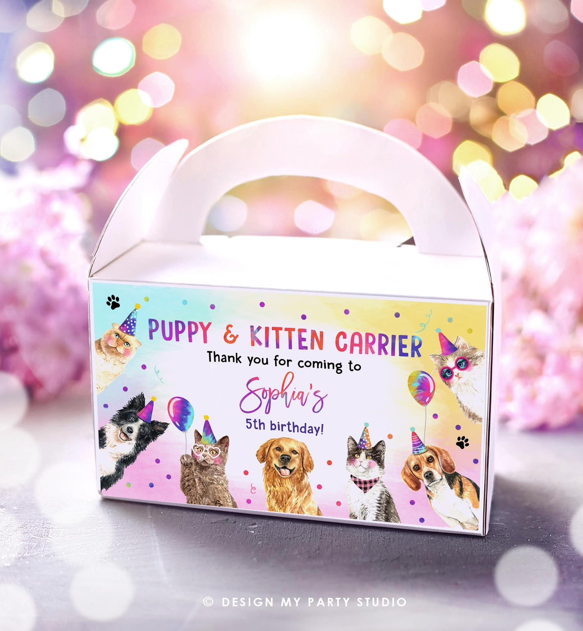 Editable Puppy Kitten Carrier Box Favor Label Cats Dogs Birthday Box Adopt a Puppy Kitten Pet Party Animals Digital Template Printable 0460