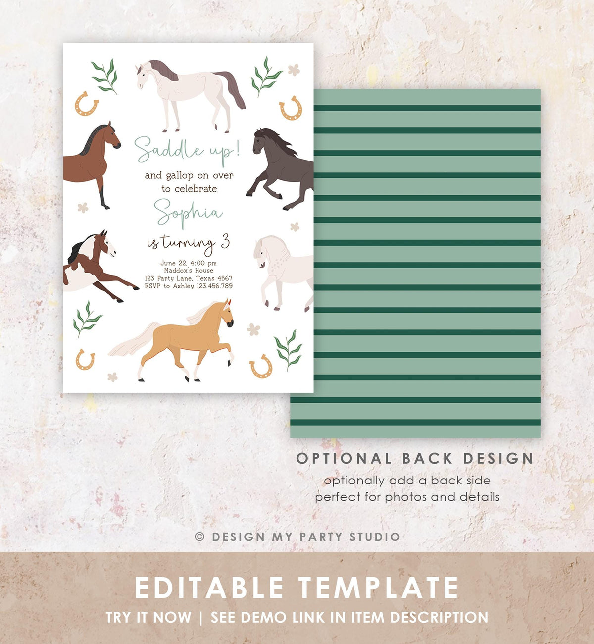 Editable Horse Birthday Invitation Boy Girl Saddle Up Cowgirl Cowboy Horse Party Green Pony Floral Digital Evite Template Printable 0513