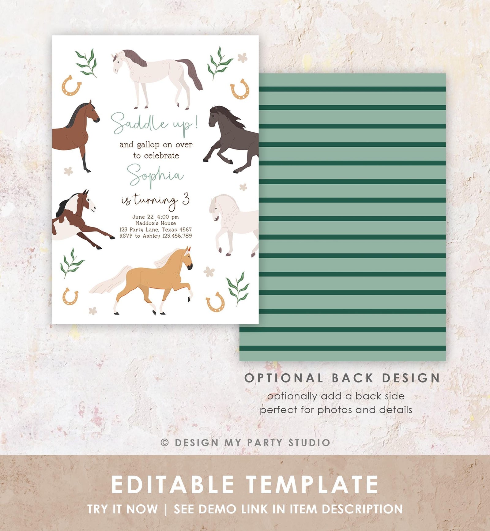 Editable Horse Birthday Invitation Boy Girl Saddle Up Cowgirl Cowboy Horse Party Green Pony Floral Digital Evite Template Printable 0513