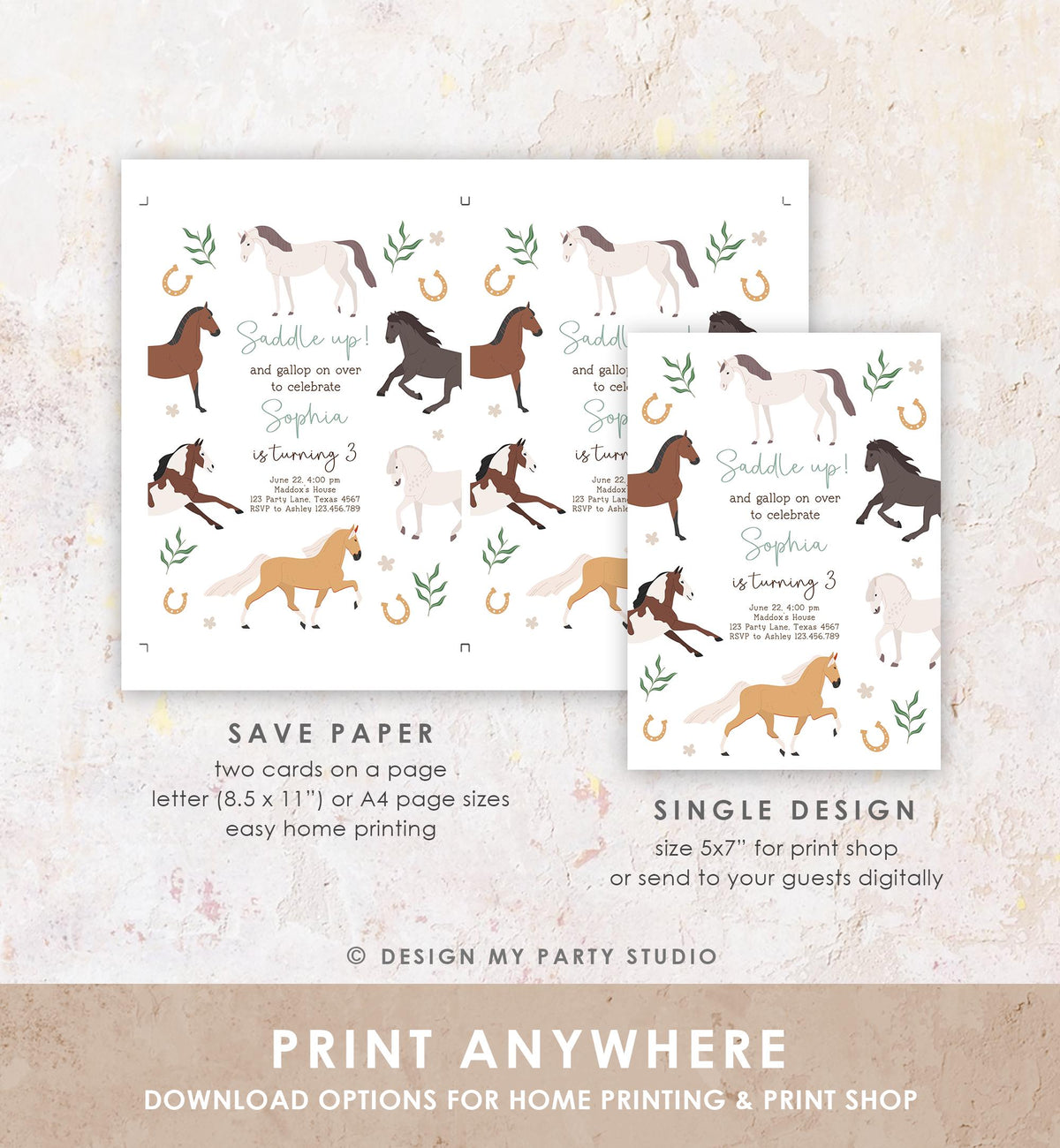 Editable Horse Birthday Invitation Boy Girl Saddle Up Cowgirl Cowboy Horse Party Green Pony Floral Digital Evite Template Printable 0513