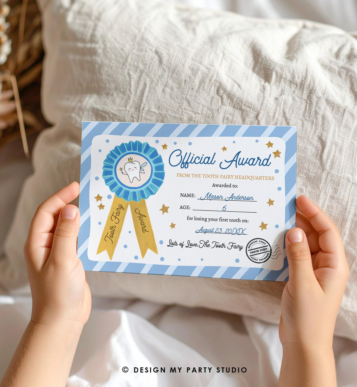 Editable Tooth Fairy Certificate Lost Tooth First Tooth Gift Fairy Note Boy Blue Award Fairy Receipt Letter Digital Template Printable 0526