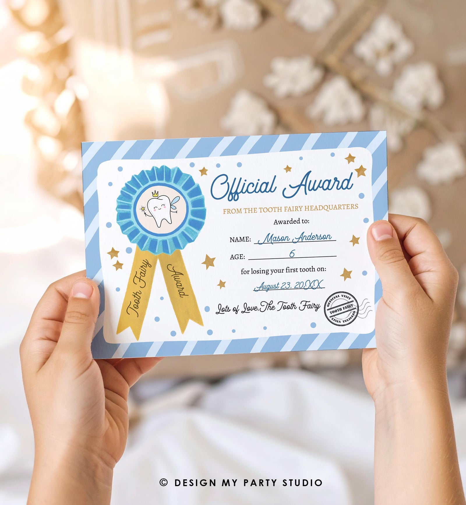 Editable Tooth Fairy Certificate Lost Tooth First Tooth Gift Fairy Note Boy Blue Award Fairy Receipt Letter Digital Template Printable 0526