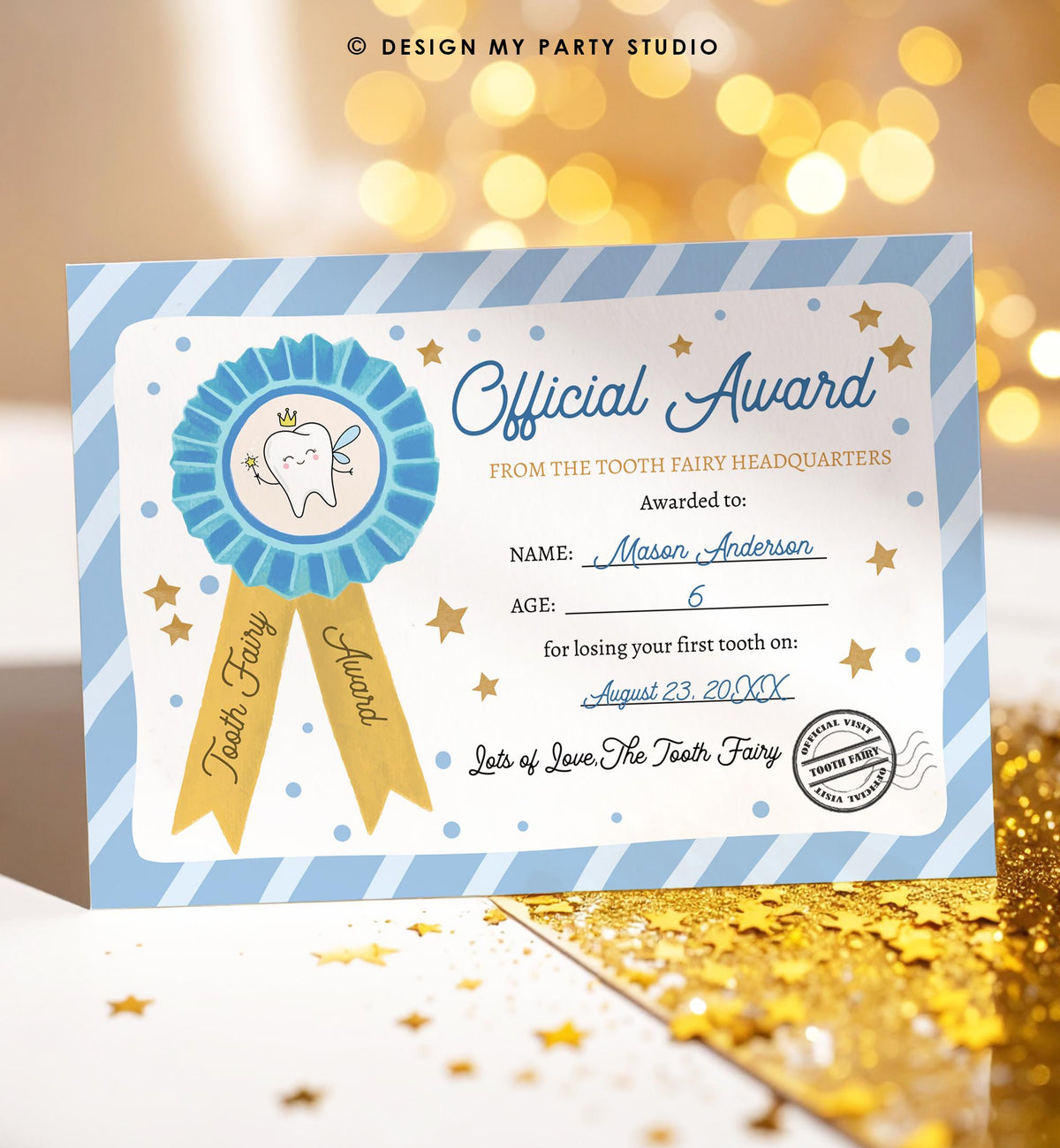 Editable Tooth Fairy Certificate Lost Tooth First Tooth Gift Fairy Note Boy Blue Award Fairy Receipt Letter Digital Template Printable 0526