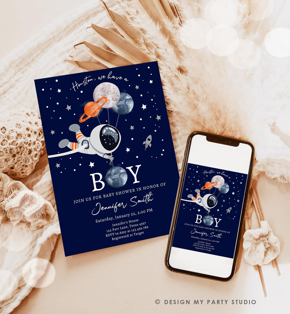 Editable Space Astronaut Baby Shower Invitation Galaxy Houston It's a Boy Blue Planets Moon Countdown Digital Evite Template Printable 0366