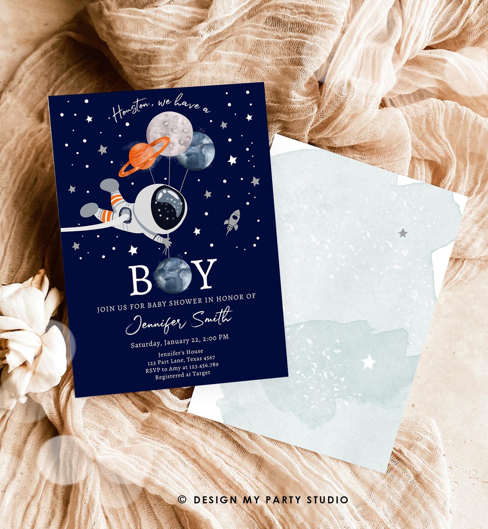 Editable Space Astronaut Baby Shower Invitation Galaxy Houston It's a Boy Blue Planets Moon Countdown Digital Evite Template Printable 0366