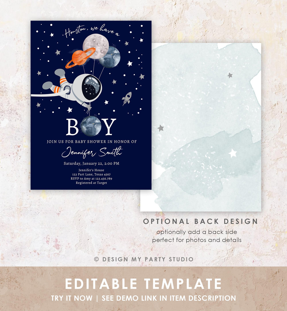Editable Space Astronaut Baby Shower Invitation Galaxy Houston It's a Boy Blue Planets Moon Countdown Digital Evite Template Printable 0366