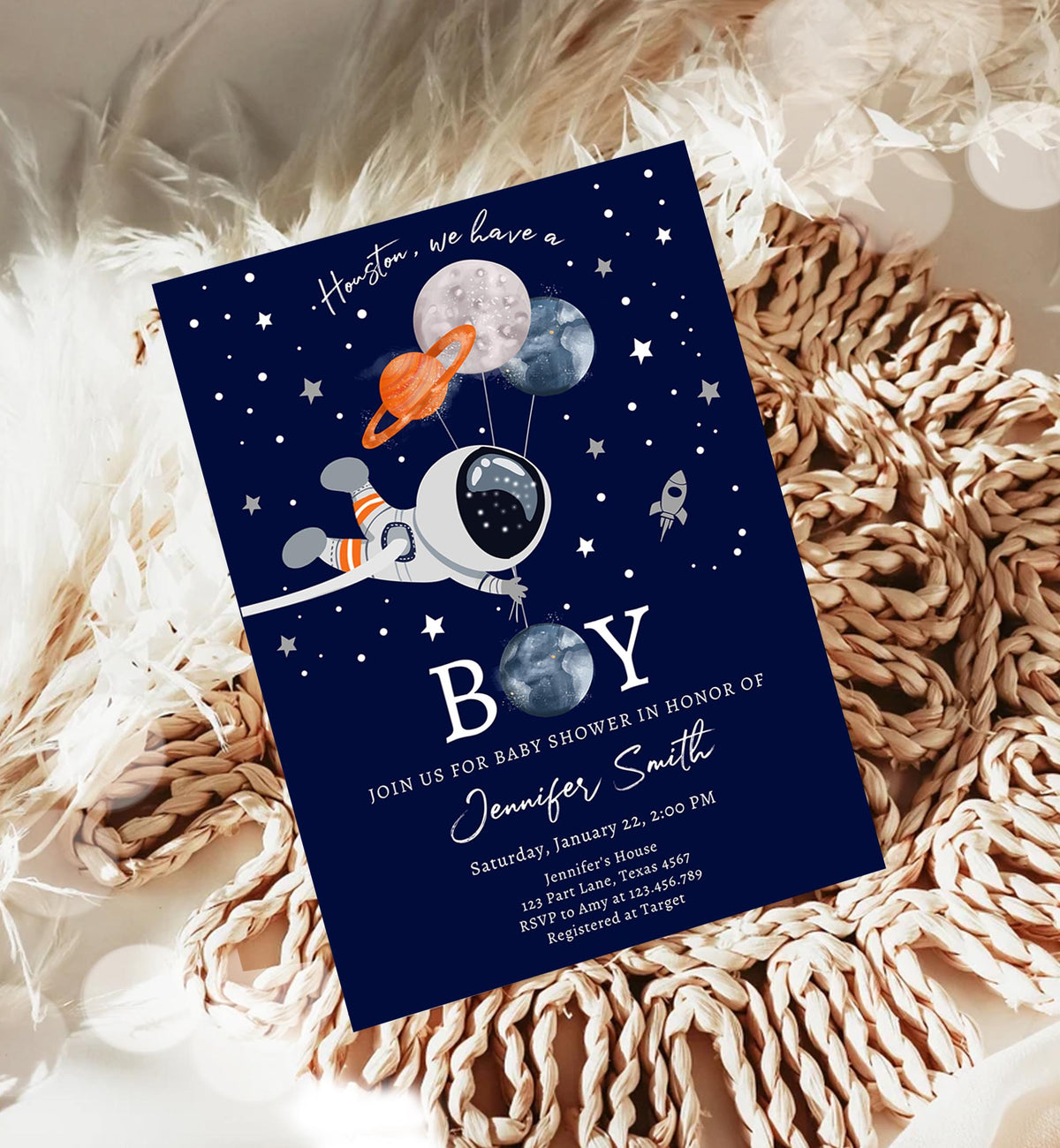 Editable Space Astronaut Baby Shower Invitation Galaxy Houston It's a Boy Blue Planets Moon Countdown Digital Evite Template Printable 0366