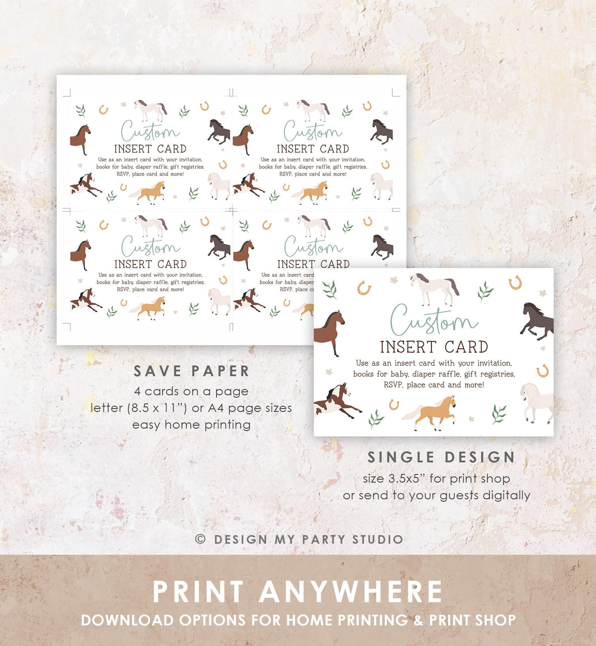 Editable Horse Insert Note Card Books for Baby RSVP Thank You Gift Registries Birthday Baby Shower Digital Template Printable 0513