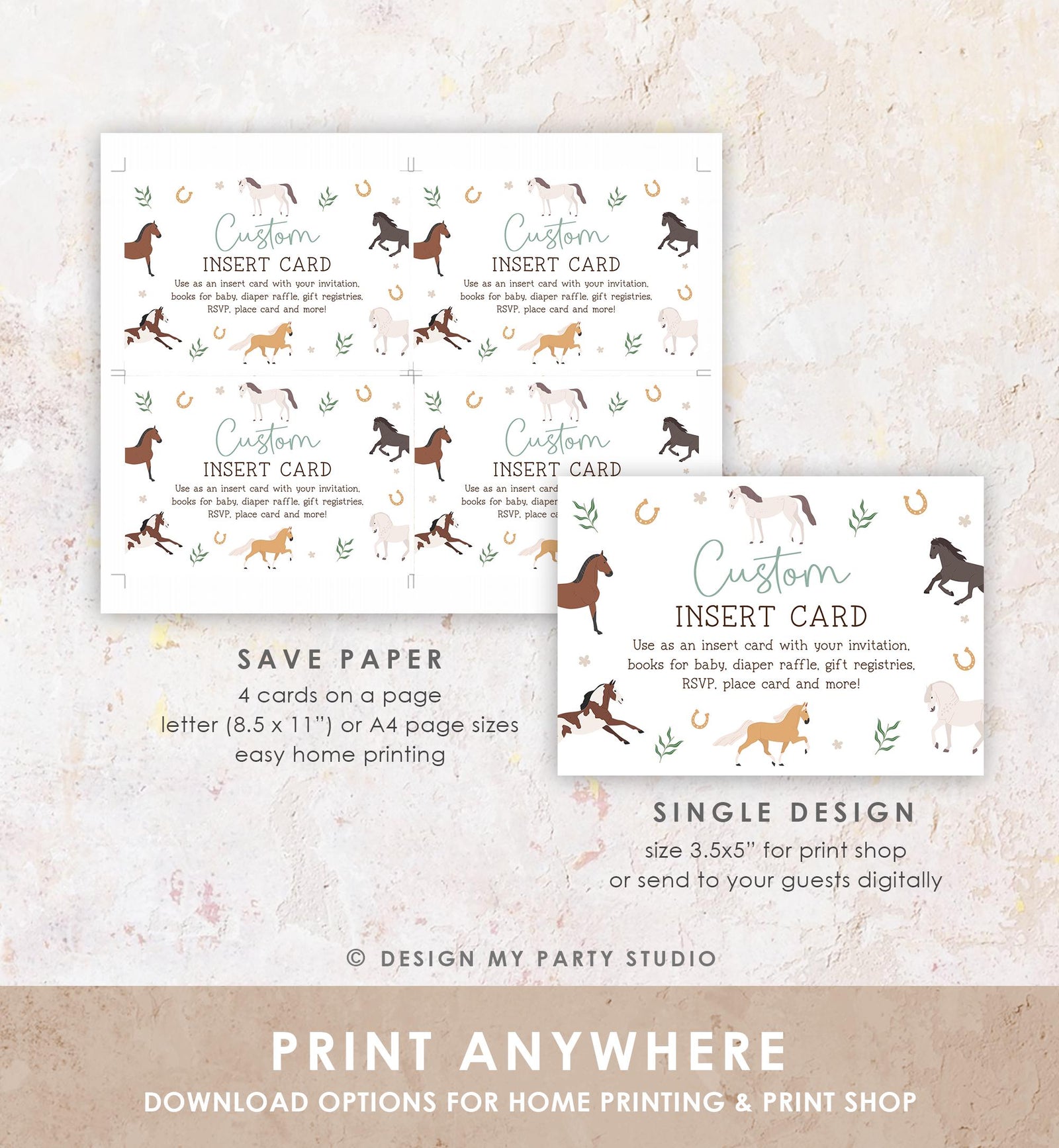 Editable Horse Insert Note Card Books for Baby RSVP Thank You Gift Registries Birthday Baby Shower Digital Template Printable 0513