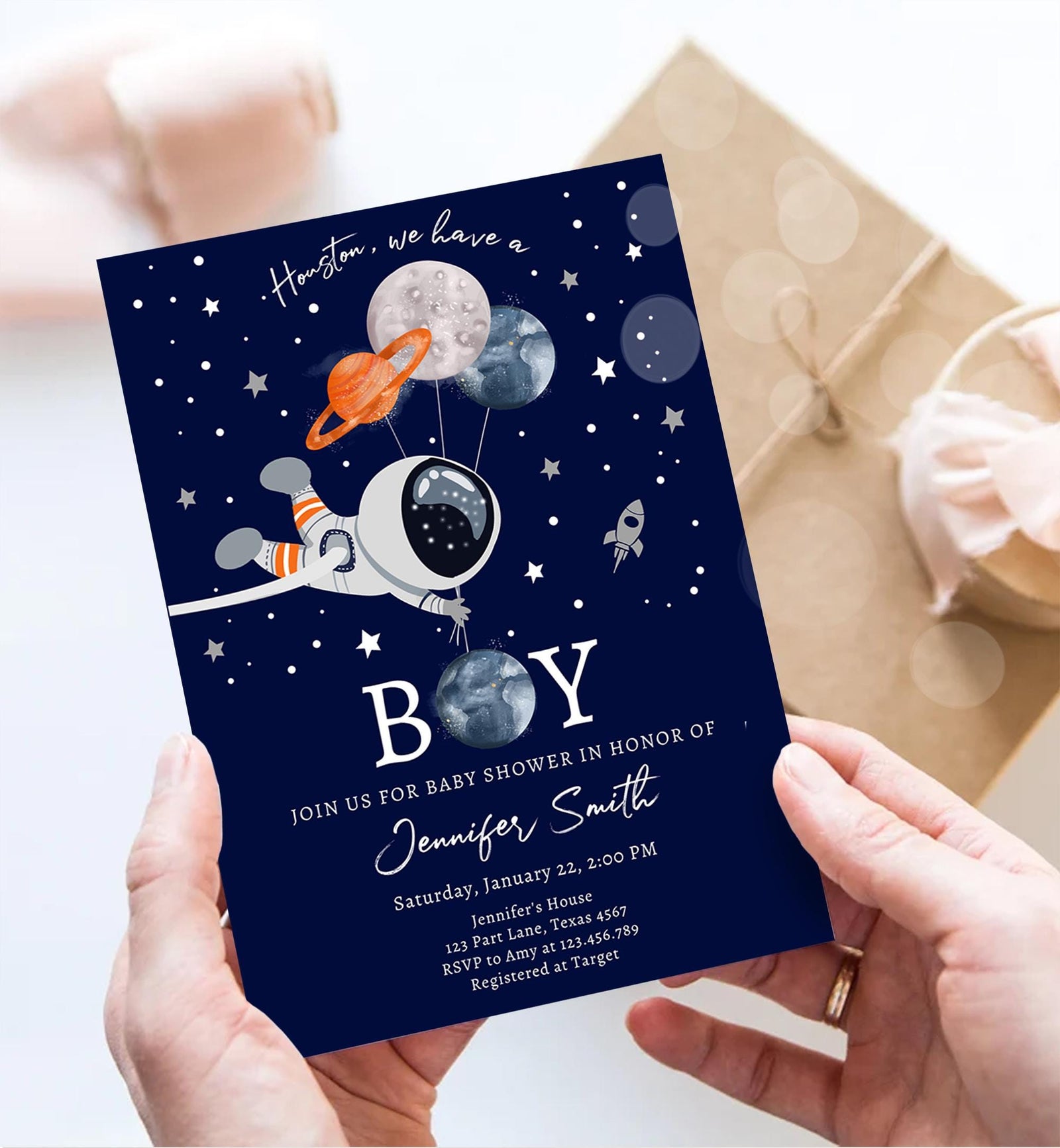 Editable Space Astronaut Baby Shower Invitation Galaxy Houston It's a Boy Blue Planets Moon Countdown Digital Evite Template Printable 0366