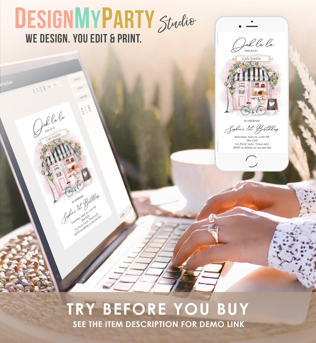Editable Paris Birthday Invitation Girl Tea Party Pink Floral French Parisian Cafe Patisserie Socials Digital Evite Template Phone 0441
