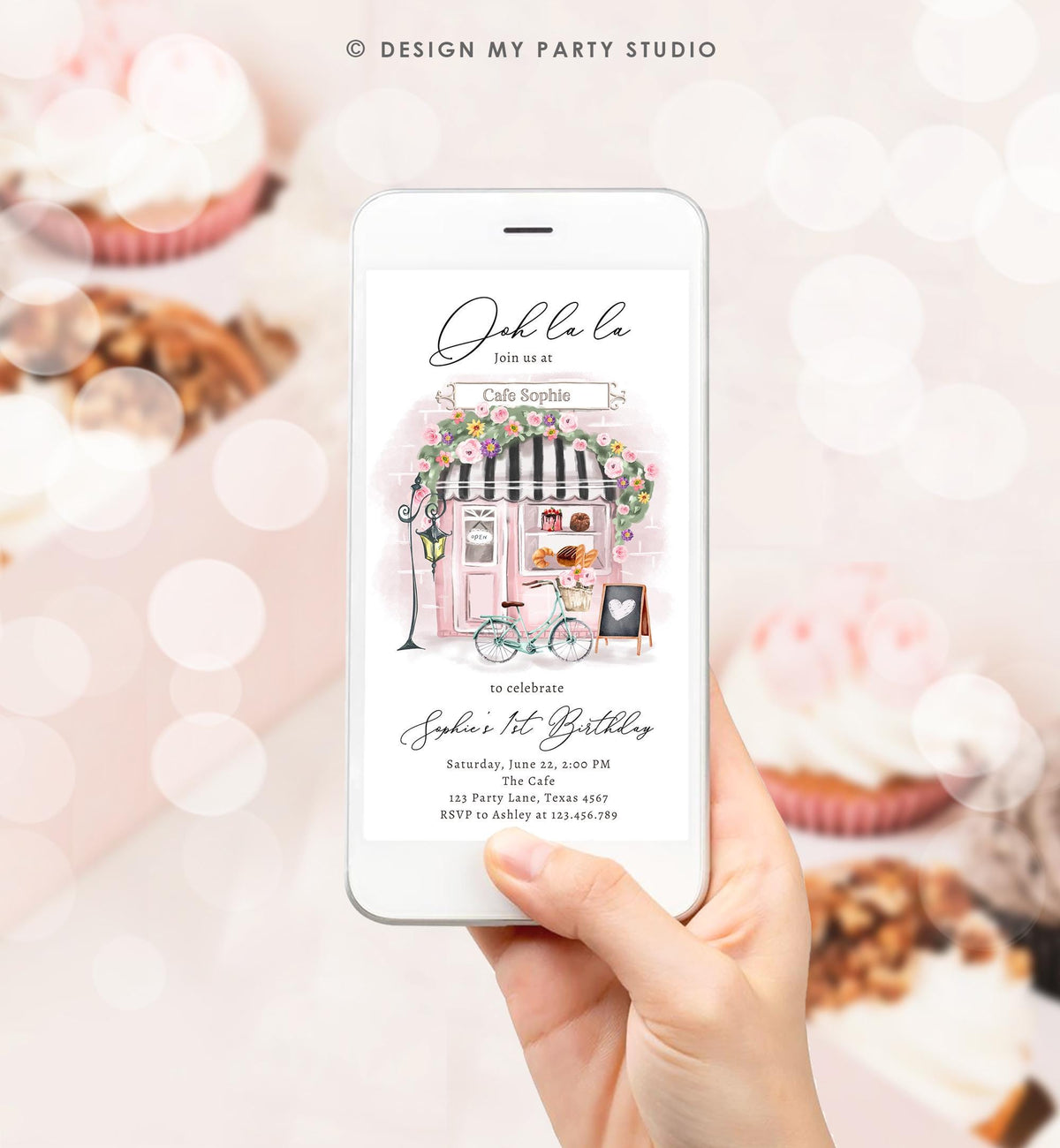 Editable Paris Birthday Invitation Girl Tea Party Pink Floral French Parisian Cafe Patisserie Socials Digital Evite Template Phone 0441