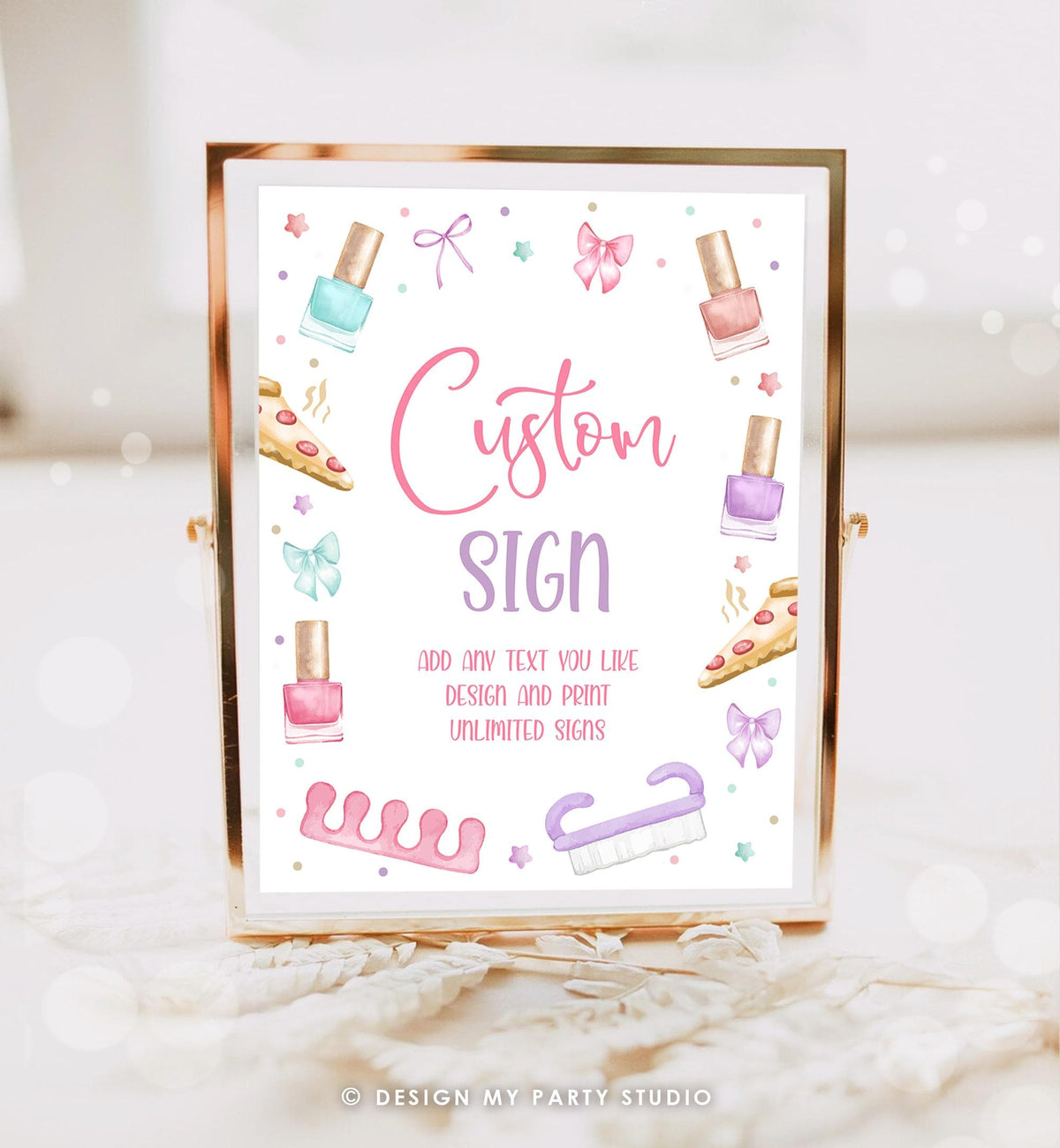 May include: A framed sign with a gold border, featuring the words &amp;quot;Custom SIGN&amp;quot; in pink and purple. The sign includes illustrations of nail polish bottles, pizza slices, bows, and text that reads &amp;quot;ADD ANY TEXT YOU LIKE DESIGN AND PRINT UNLIMITED SIGNS.&amp;quot;