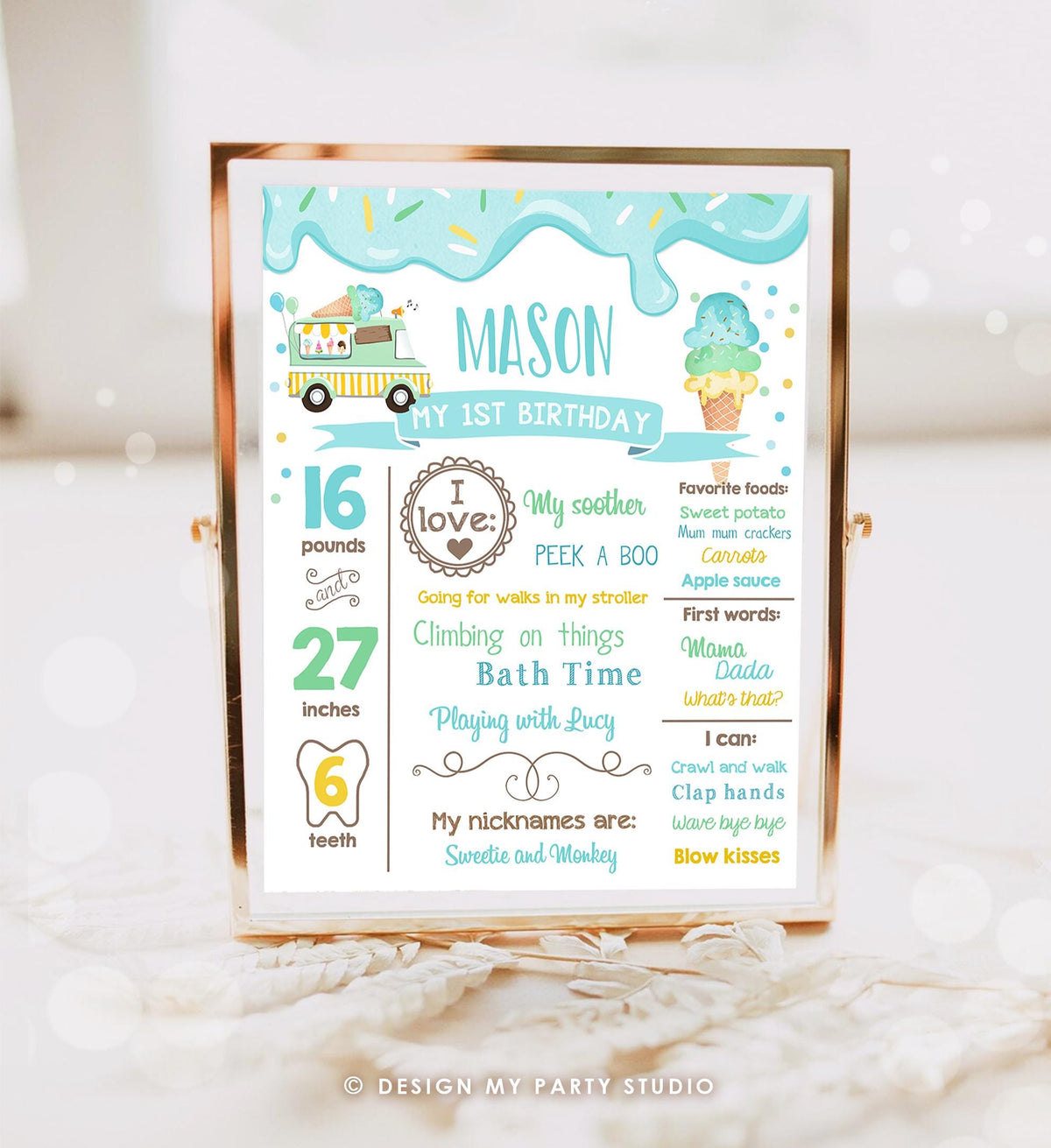 Editable Ice Cream Birthday Milestone Sign Boy Blue First Birthday Ice Cream Truck 1st Cone Sweet Digital Download Template Printable 0243
