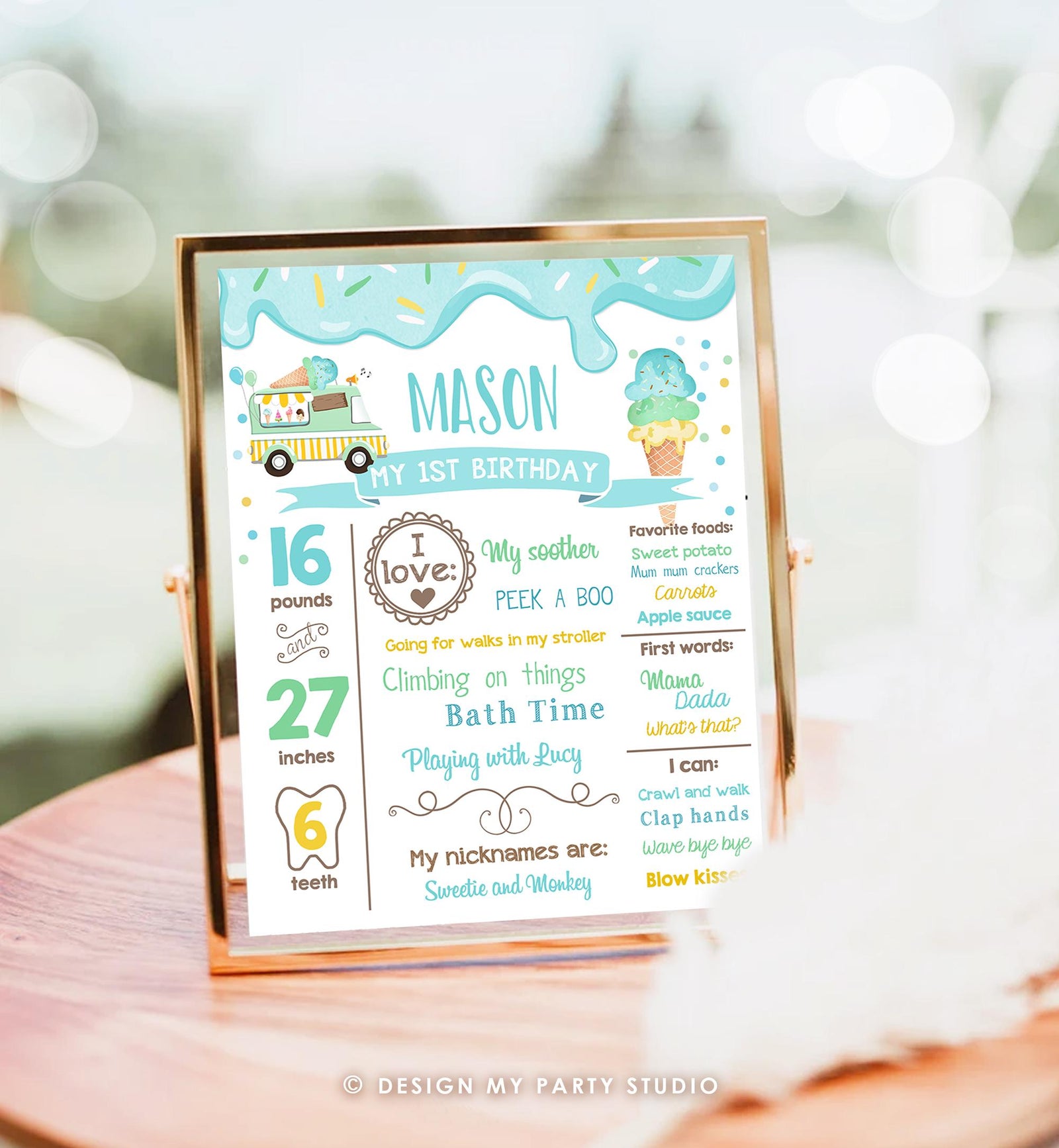 Editable Ice Cream Birthday Milestone Sign Boy Blue First Birthday Ice Cream Truck 1st Cone Sweet Digital Download Template Printable 0243