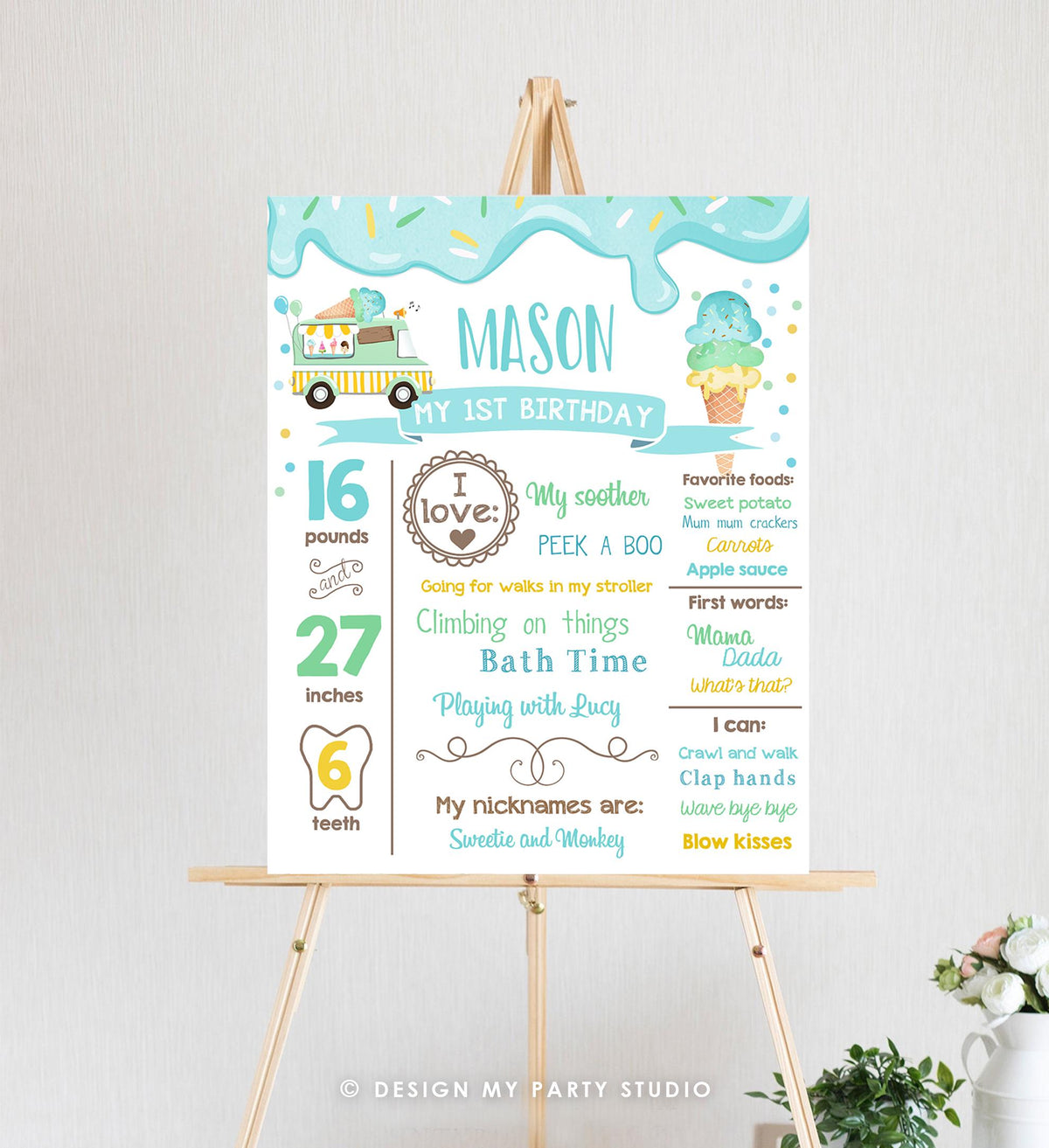 Editable Ice Cream Birthday Milestone Sign Boy Blue First Birthday Ice Cream Truck 1st Cone Sweet Digital Download Template Printable 0243